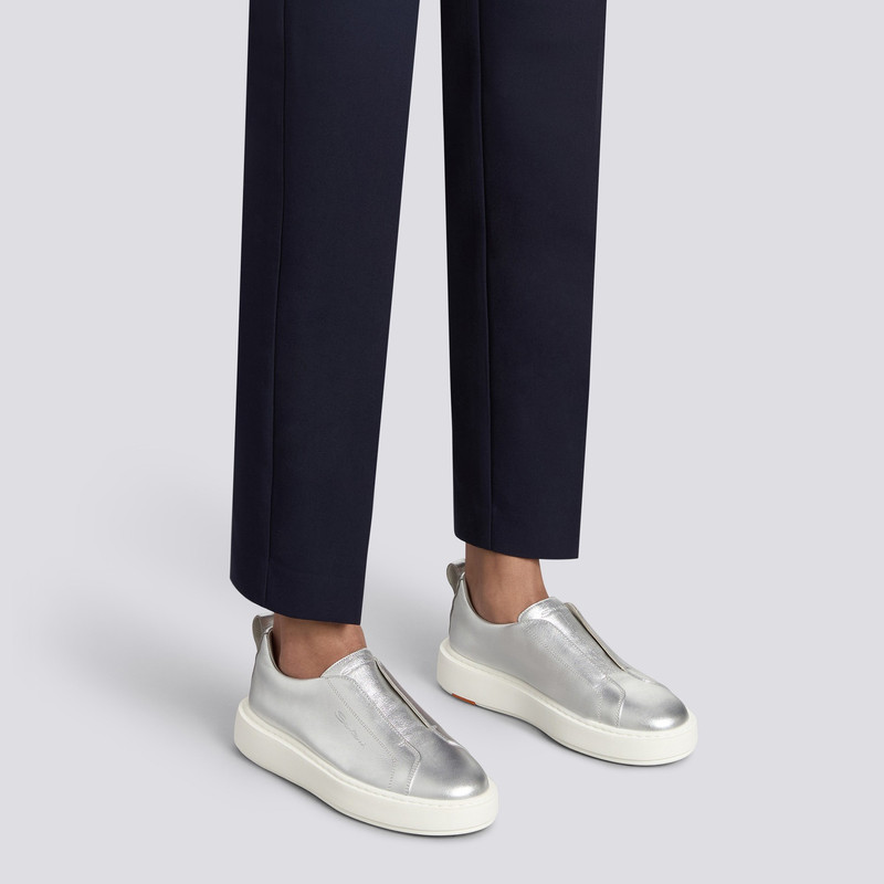 Santoni Women's silver laminated leather slip-on sneaker outlook