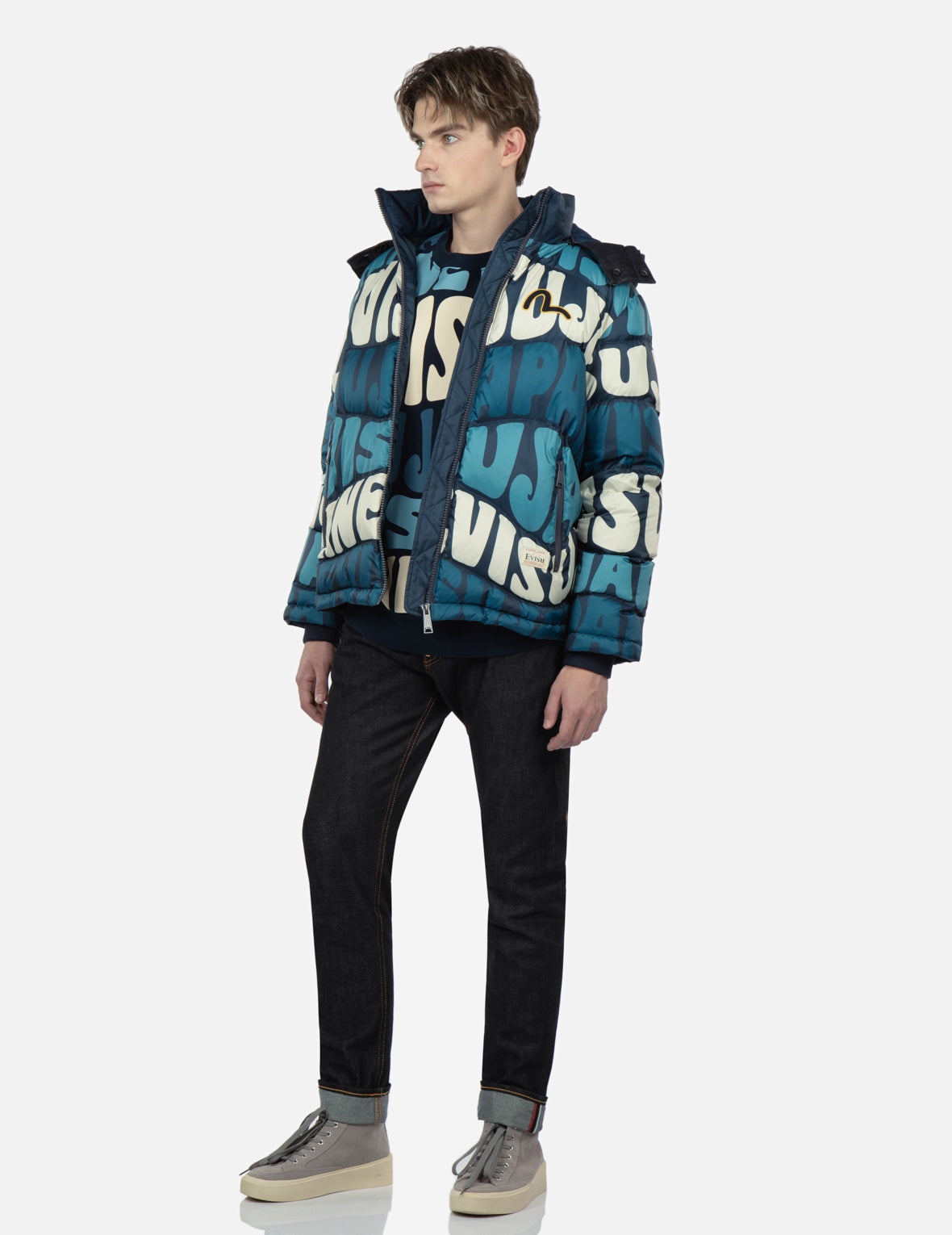 Allover Wavy Text Print Down Jacket - 3