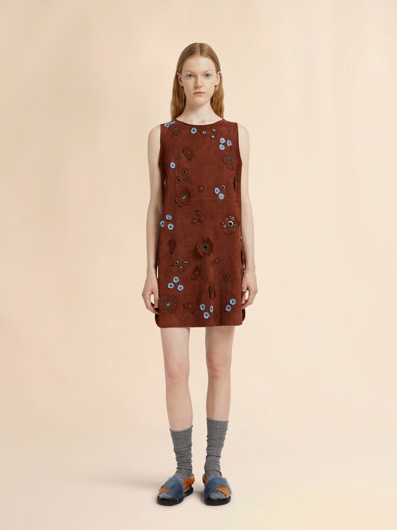 Marni BROWN SUEDE DRESS WITH DAISY APPLIQUÉS outlook