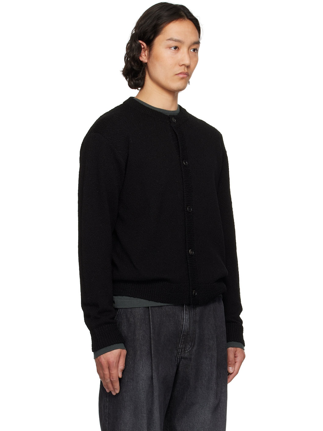 Black Cotton Boucle Round Neck Cardigan - 2
