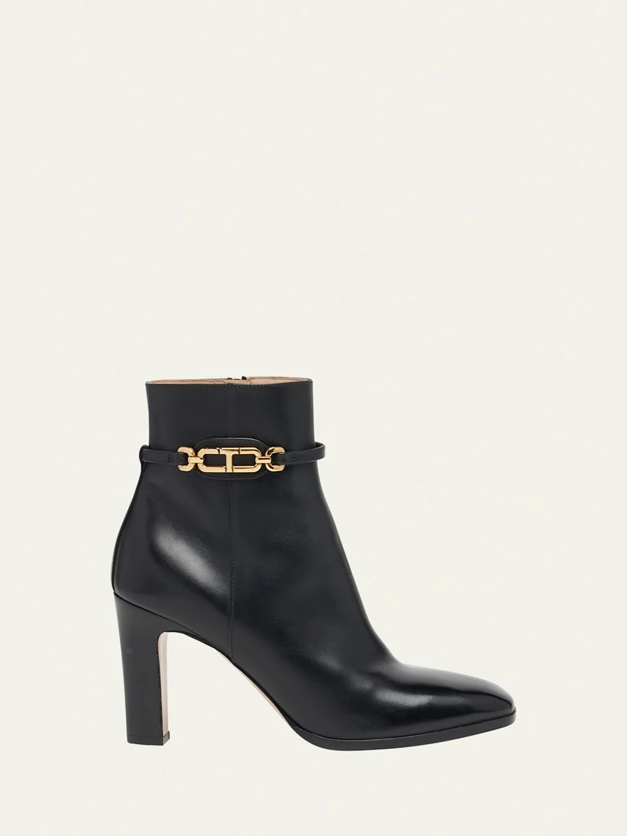 Calfskin Chain Zip Ankle Booties - 1