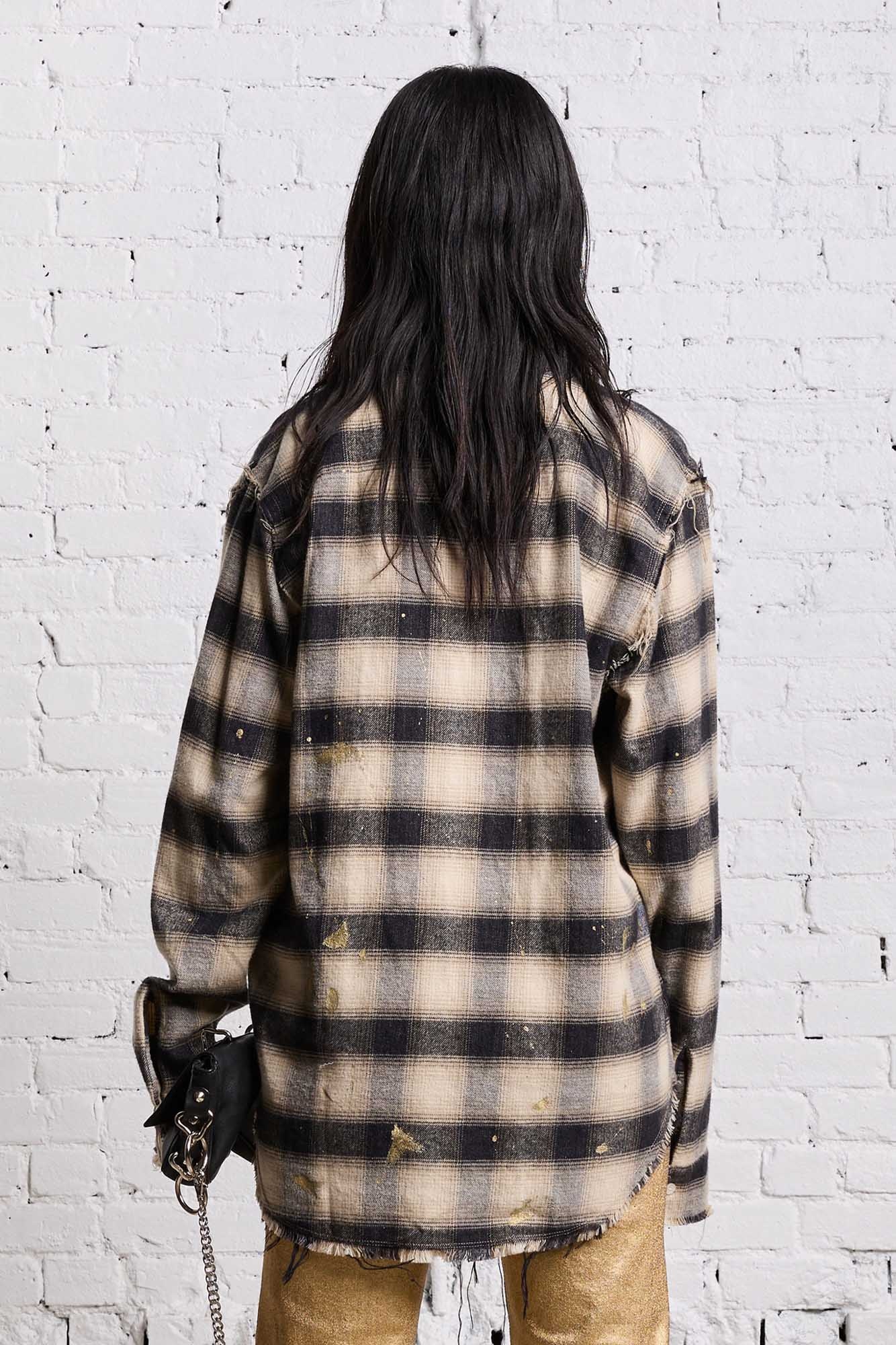 SHREDDED SEAM SHIRT - GOLD SPLATTERED BLACK PLAID - 7