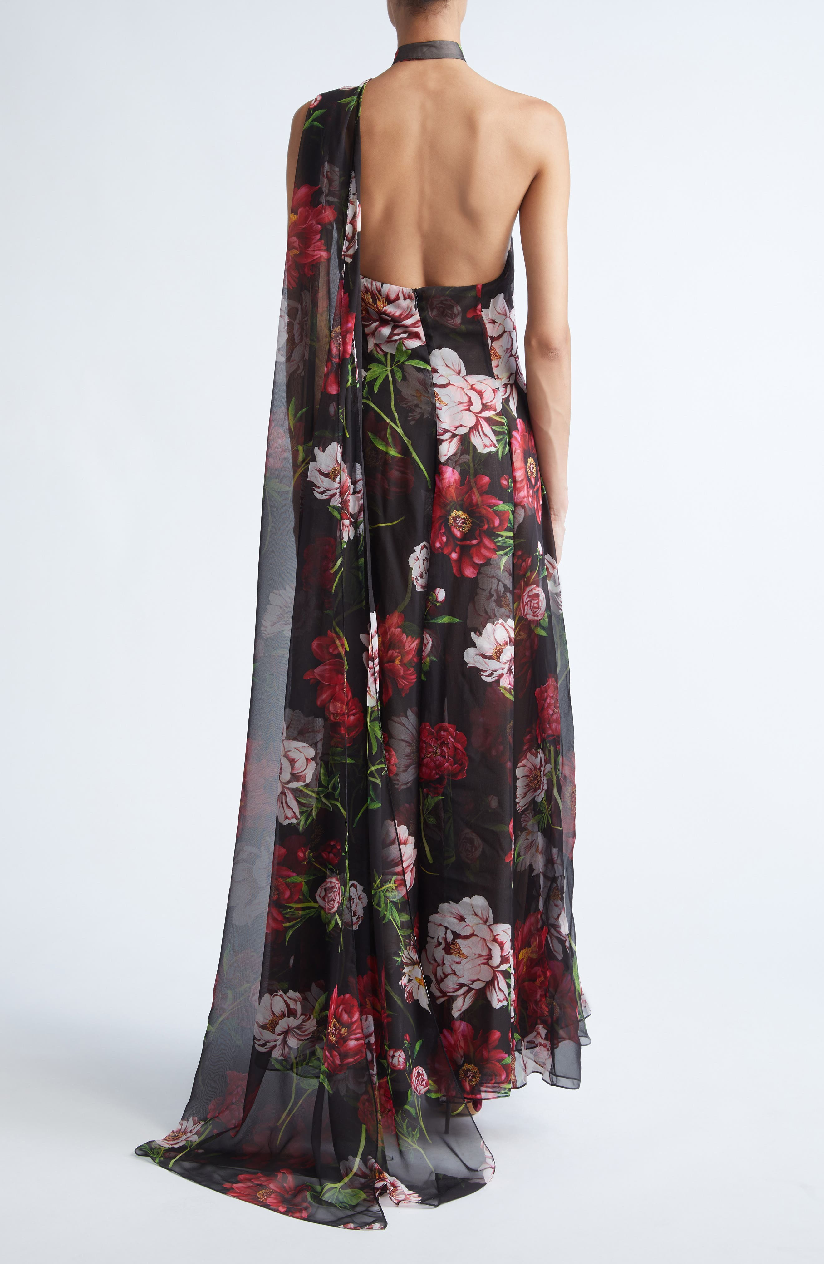 Oscar de la Renta Peony Print Silk Chiffon Halter Gown in Brown Multi at Nordstrom - 2