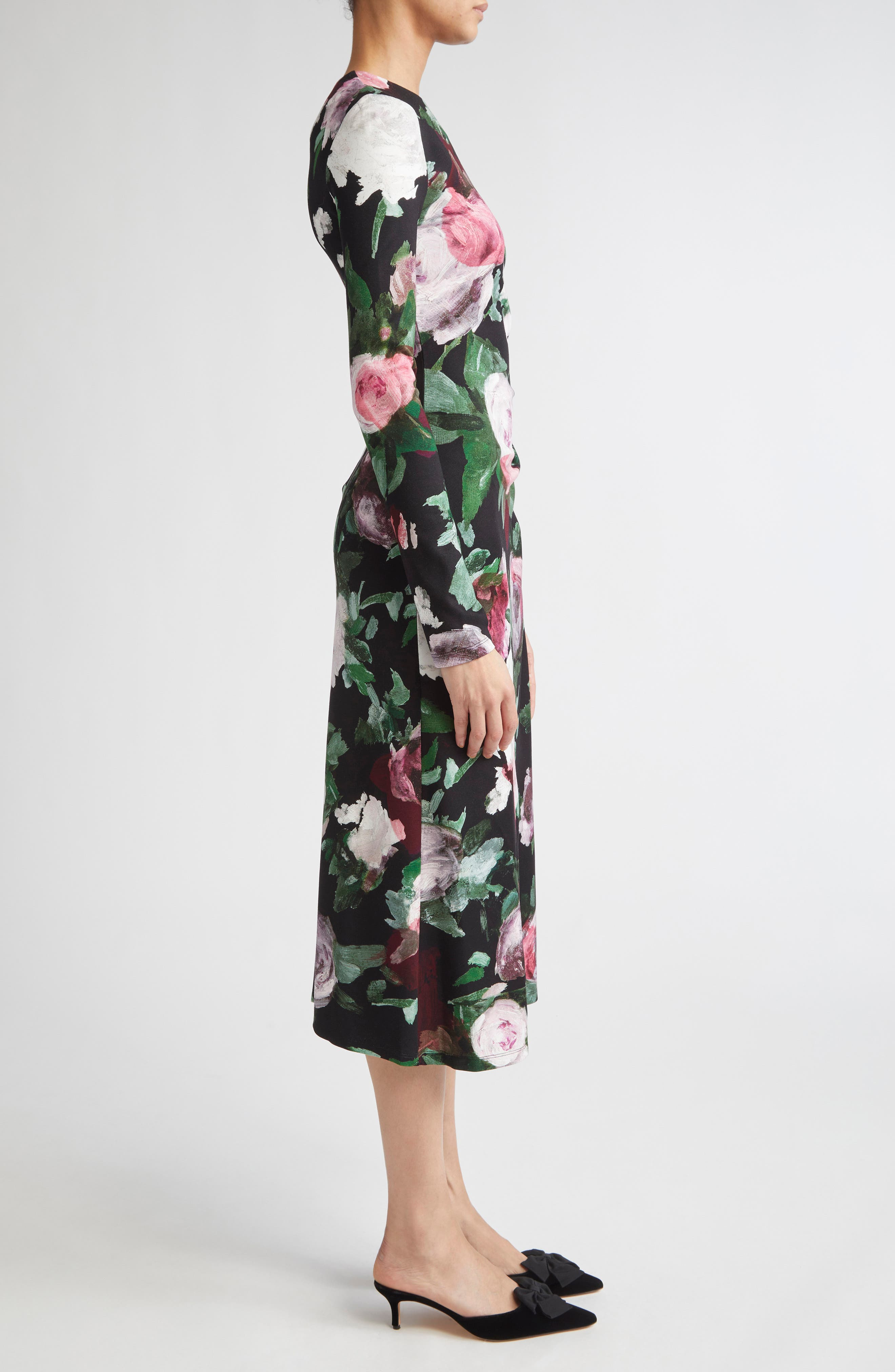 Erdem Painted Rose Draped Long Sleeve Jersey Midi Dress in Painted Rose Black at Nordstrom - 3