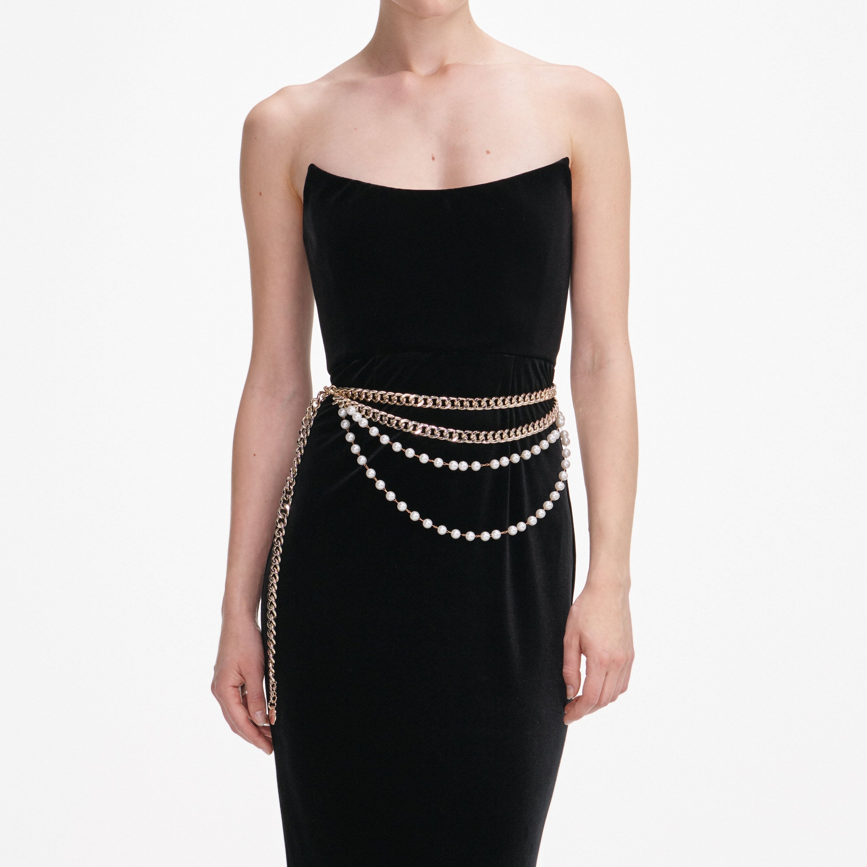 Black Velvet Chain Belt Maxi Dress - 4