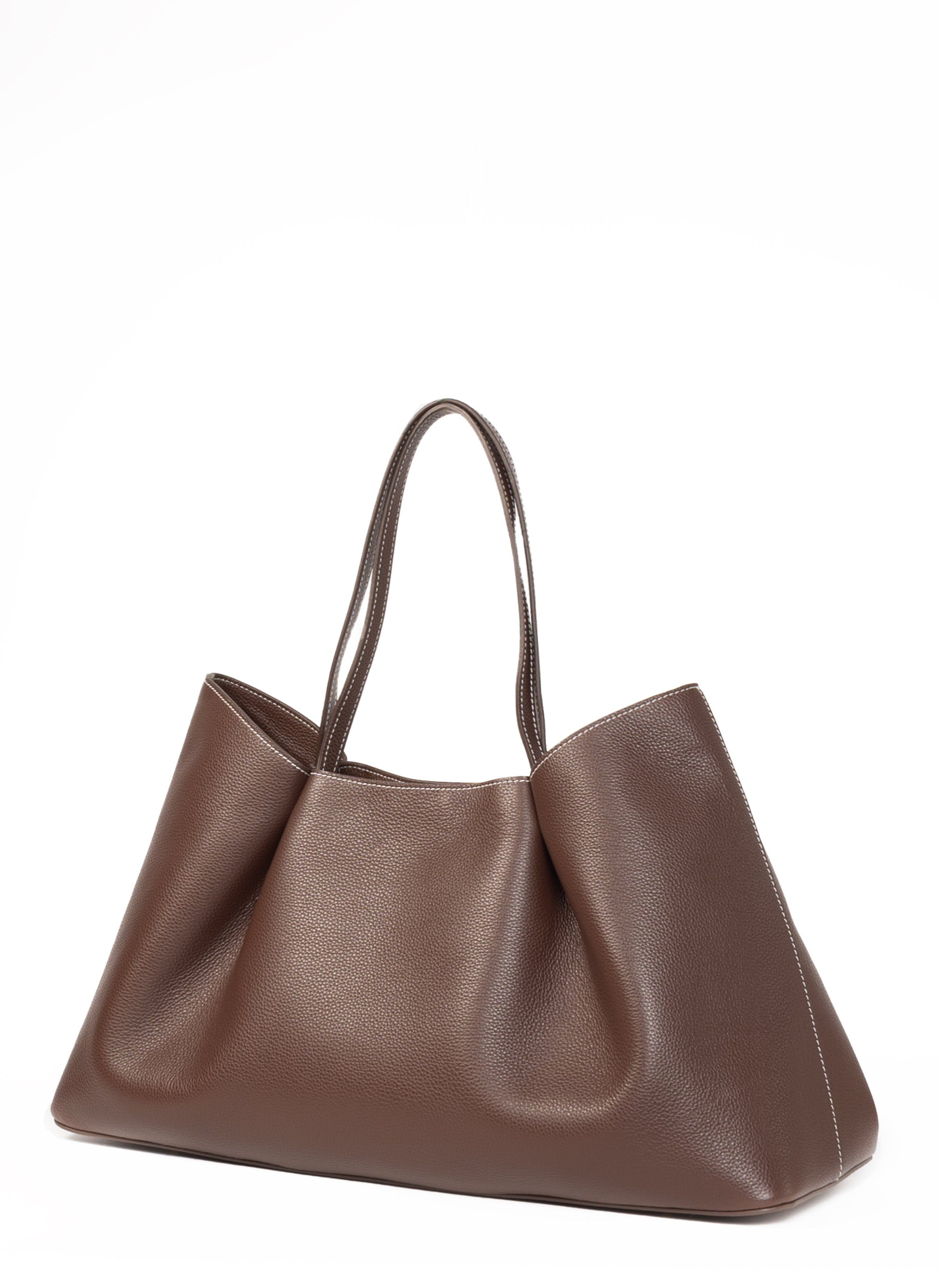 Dimple Tote Pebbled Leather Dark Brown/White Stitches - 3