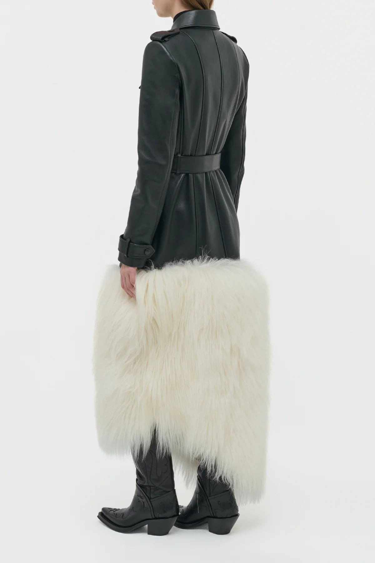 Isak Trench Coat in Black Soft Leather & Ivory Cashmere Shearling - 4