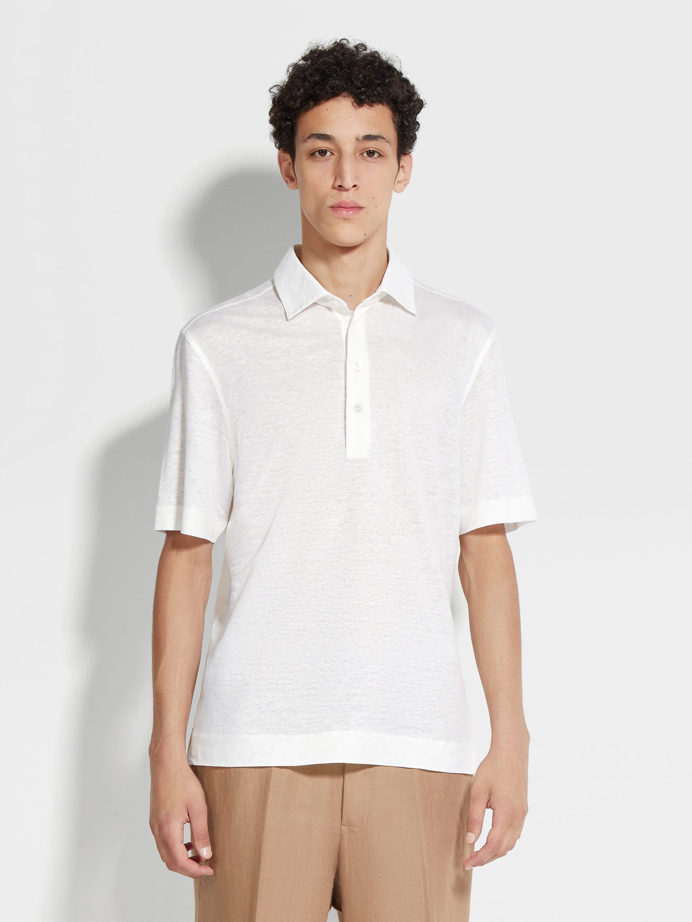 OPTICAL WHITE LINEN POLO SHIRT - 4