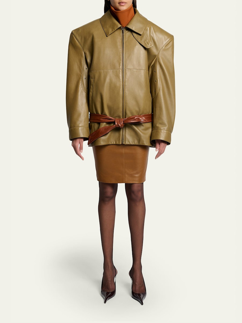 SAINT LAURENT Strong-Shoulder Belted Leather Jacket outlook