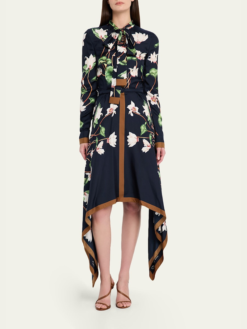 Oscar de la Renta Long-Sleeve Chine Cyclamen Silk Twill Handkerchief Dress outlook