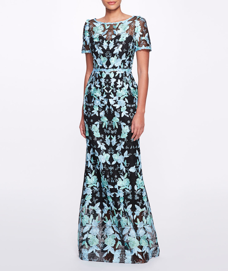 SHORT SLEEVE EMBROIDERED TULLE GOWN 1