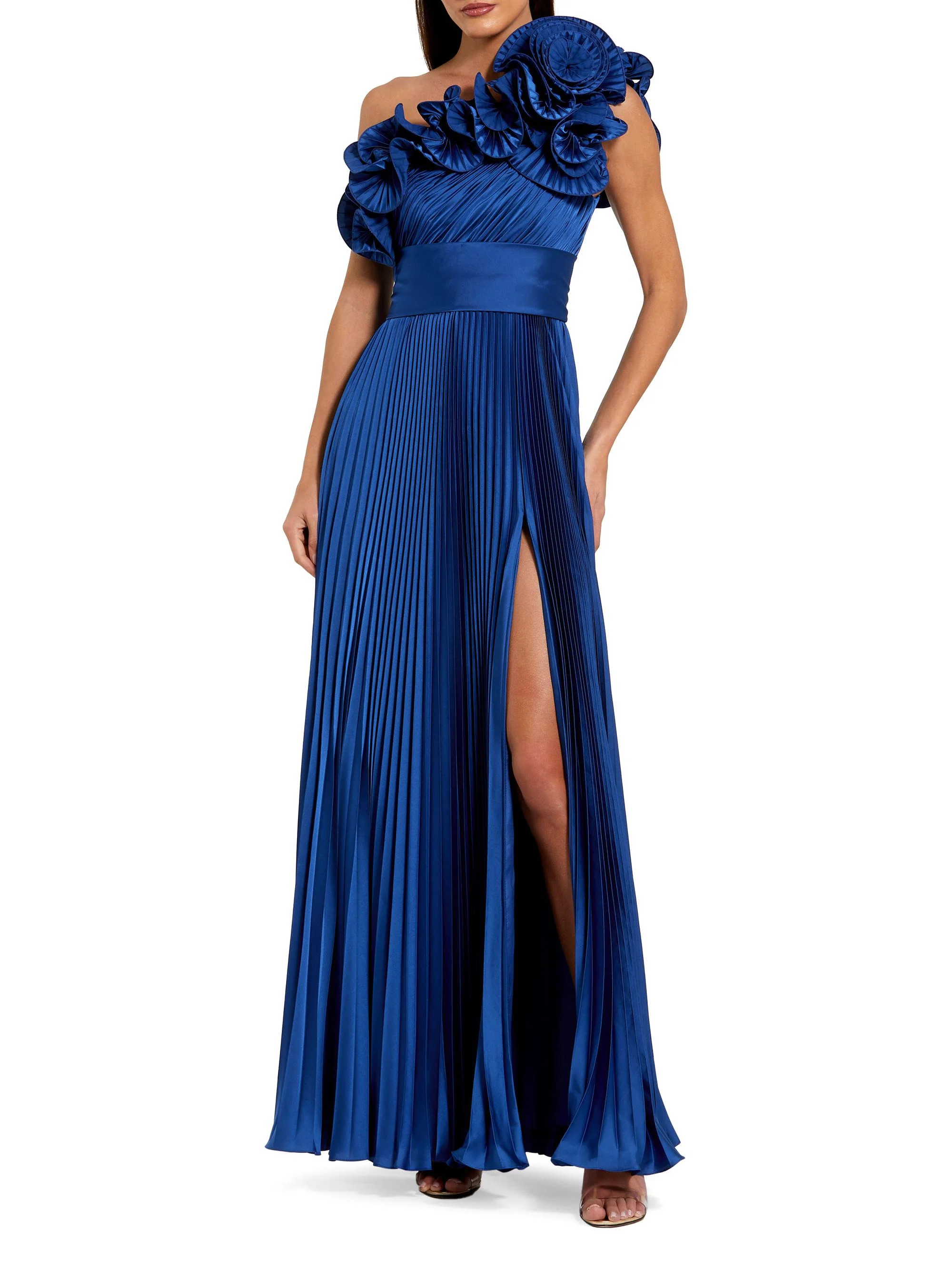 Women's Pleated Charmeuse Ruffle One-Shoulder A-Line Gown - Cobalt - 1