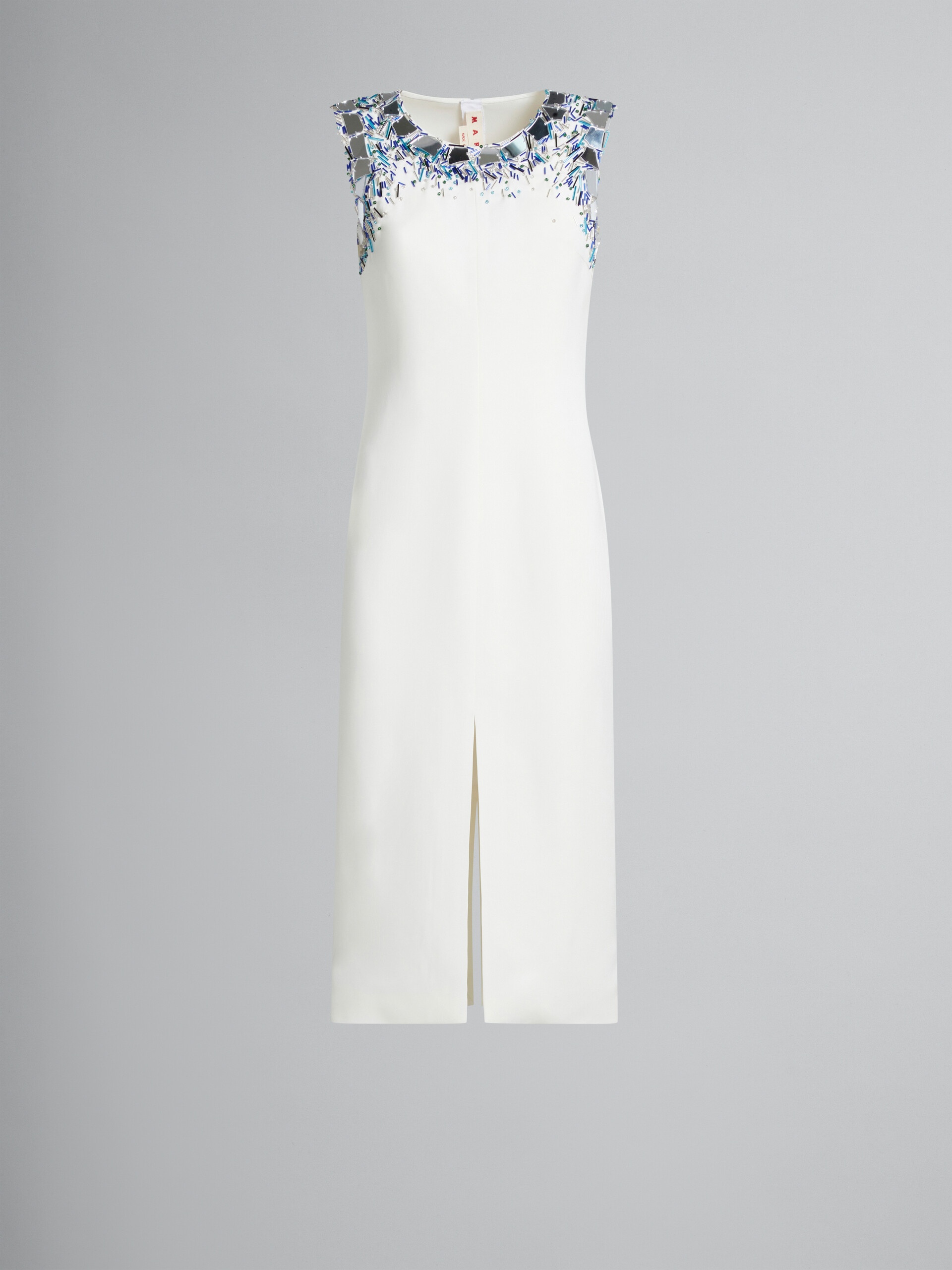WHITE VISCOSE MIDI DRESS WITH BEADED NECKLINE - 1