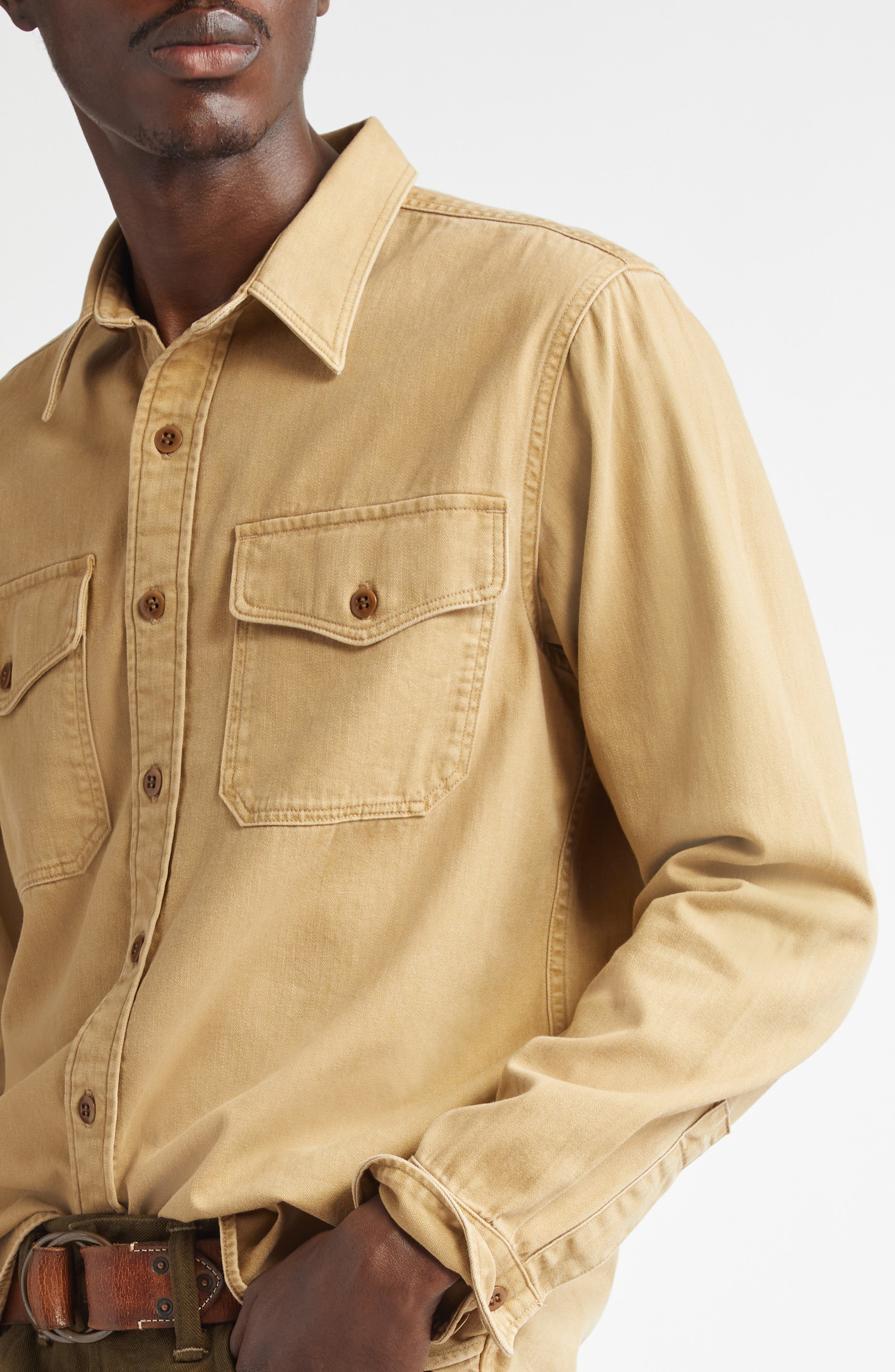 Double RL Cotton Twill Button-Up Work Shirt in Faded Tan at Nordstrom - 5
