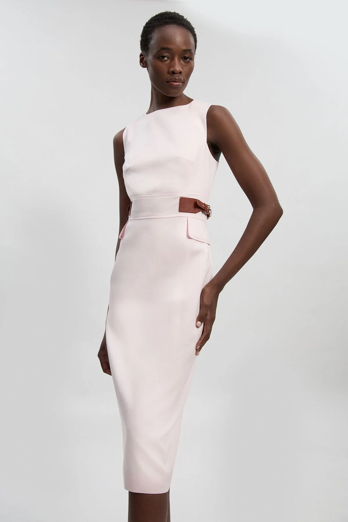 Tailored Linen Tab Waist Pencil Midi Dress - 1