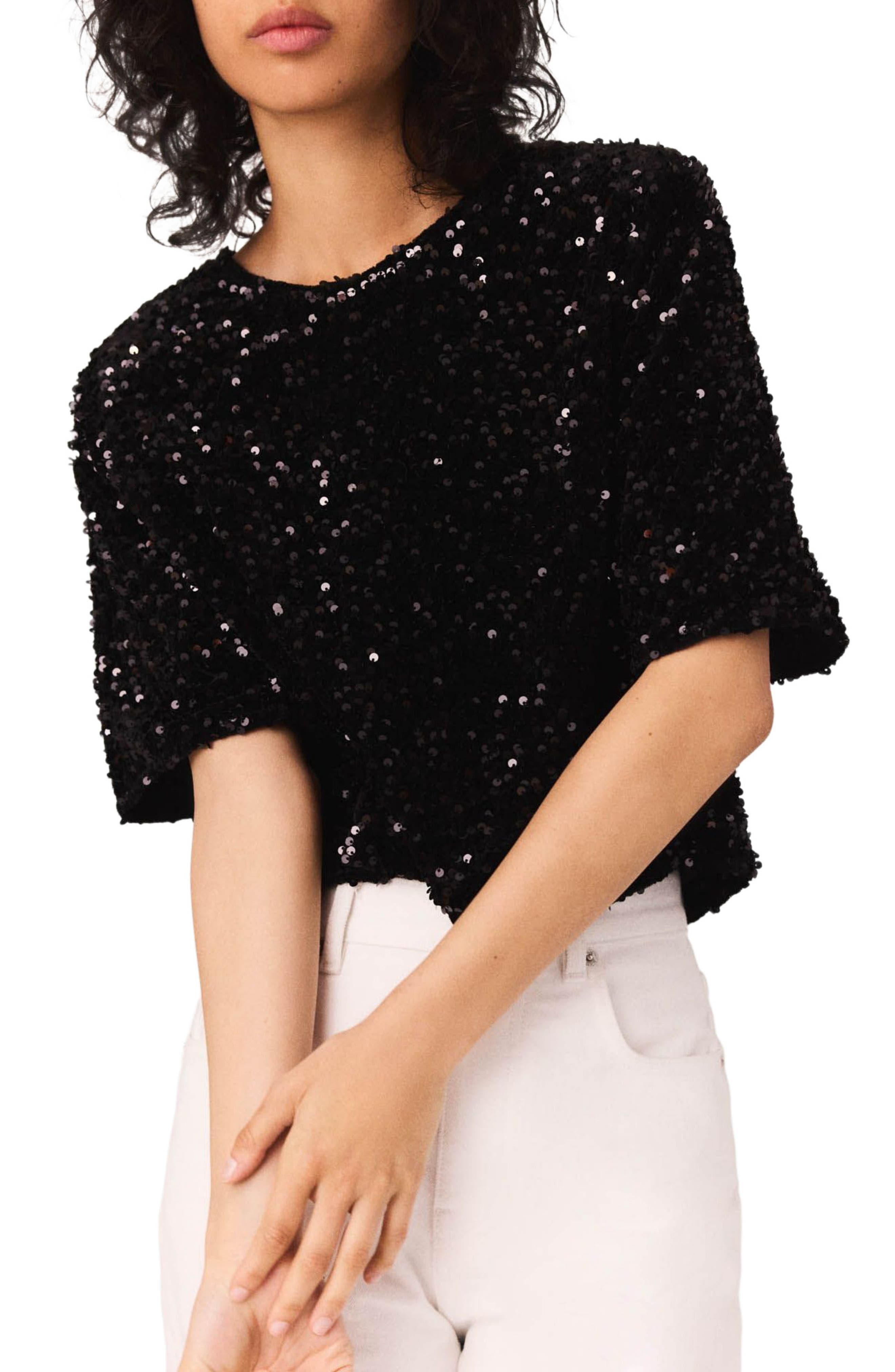 maje Sequinned velvet top in Black at Nordstrom - 7