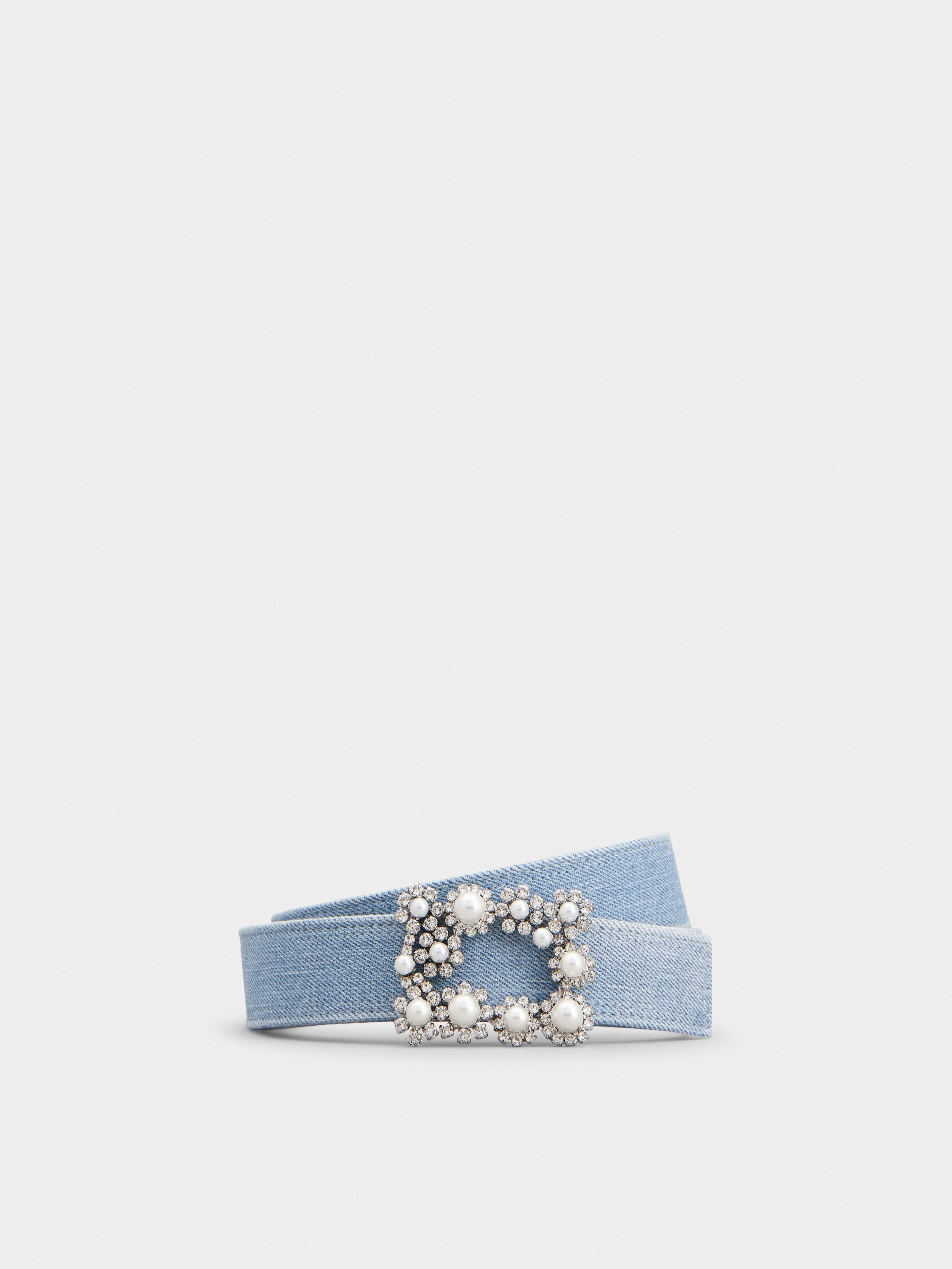 Flower Strass Pearl Buckle Belt in Denim - 1