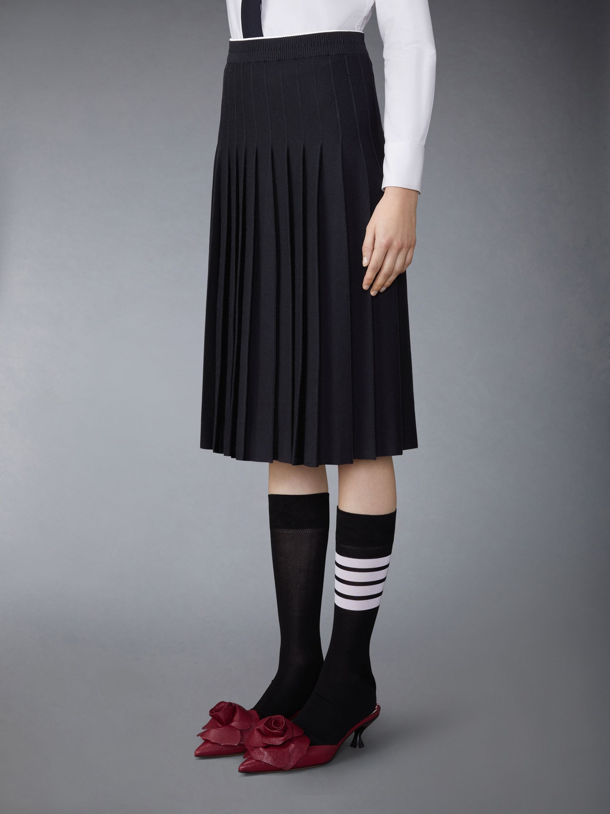 Wool Silk Blend Tipping Cable Waistband Midi Pleated Skirt - 2