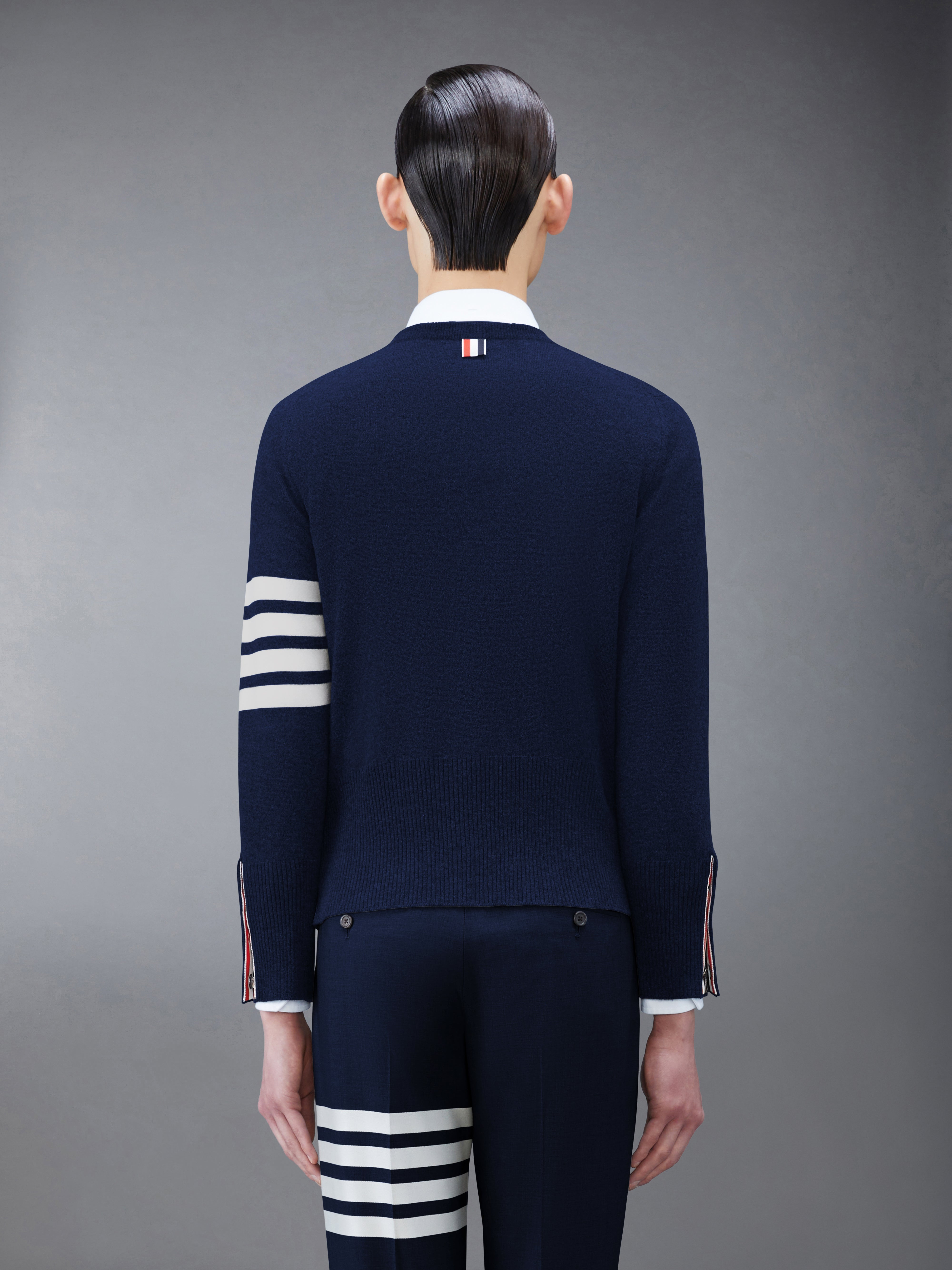 Navy Shetland Cashmere 4-Bar Crew Neck Jumper - 2