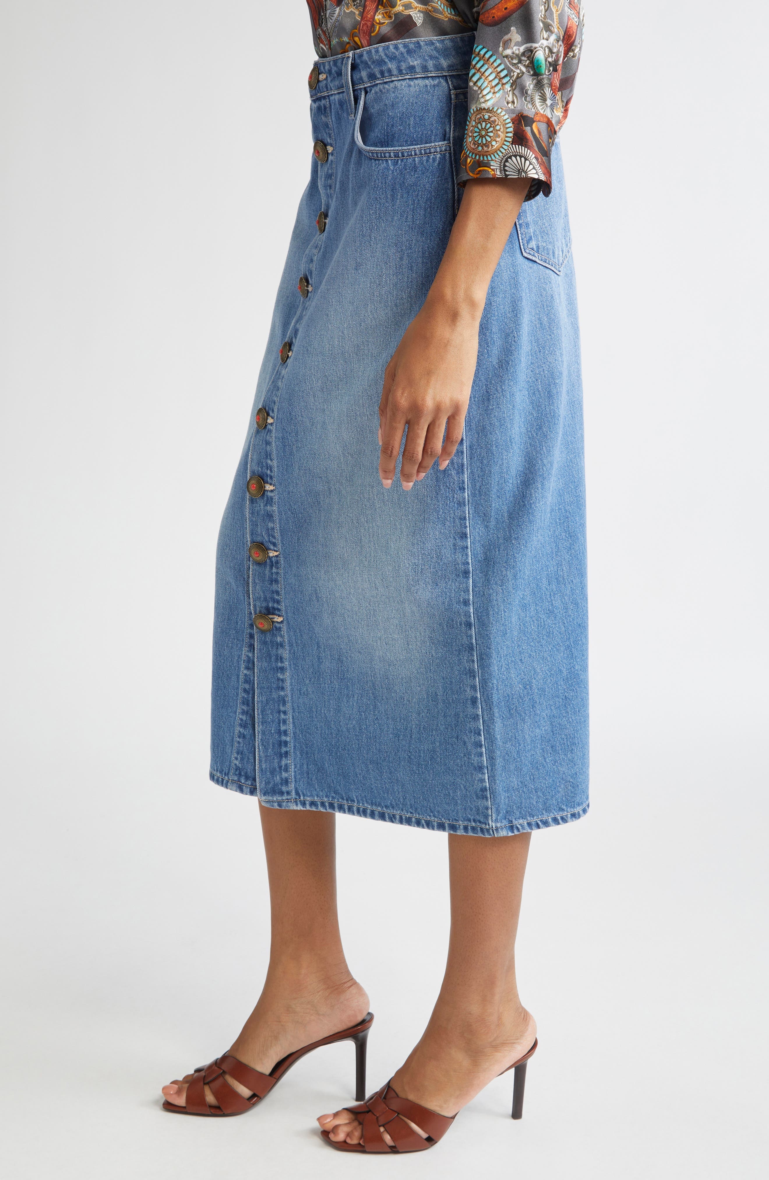 L'AGENCE Kathleen Button Front Midi Denim Skirt in Bandera at Nordstrom - 4