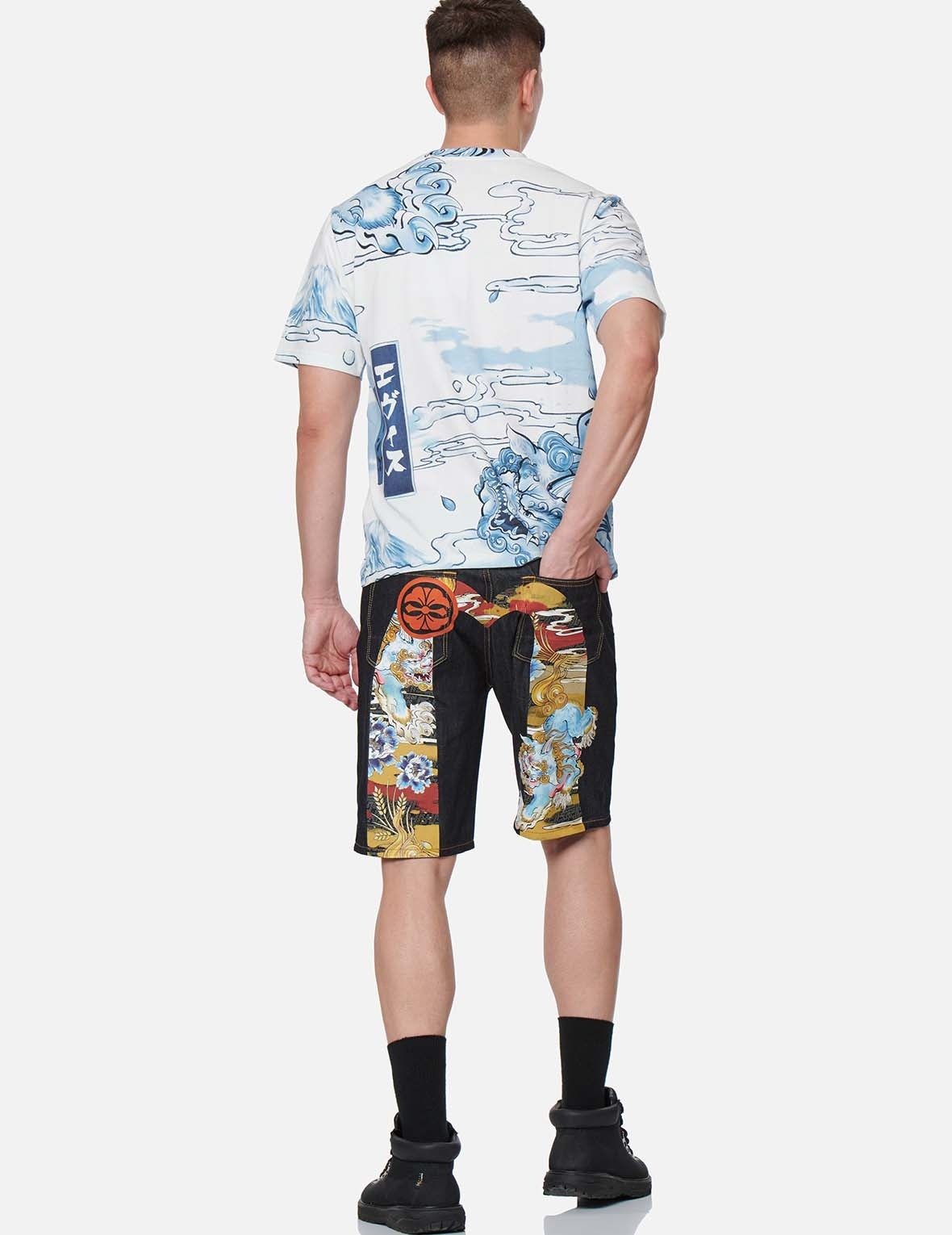 VINTAGE KOMAINU PAINTING DAICOCK PRINT DENIM SHORTS - 5