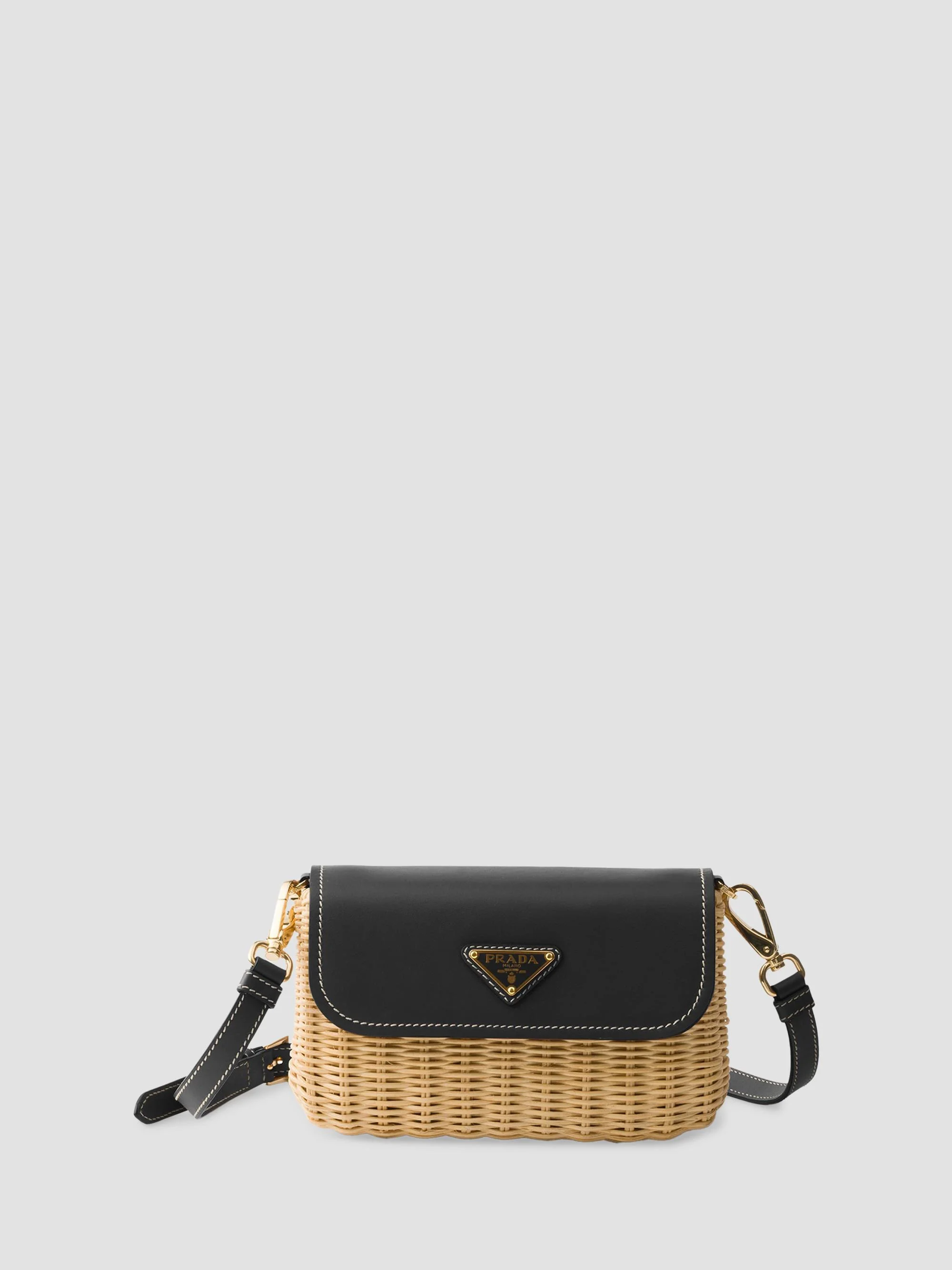 Women's Small Wicker and Leather Shoulder Bag - Black - 1