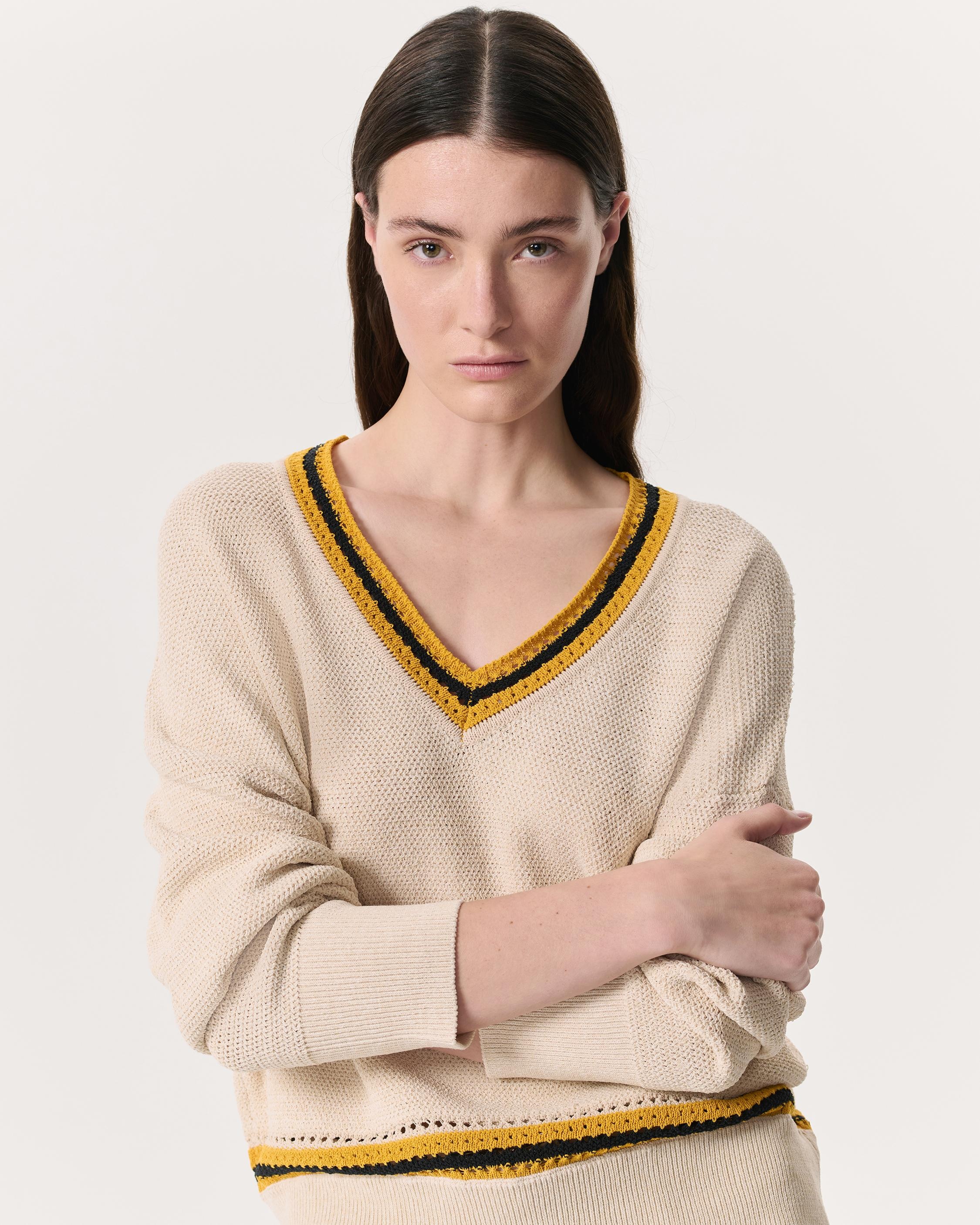 Meghan Striped Crochet-Trim V-Neck Sweater - 2