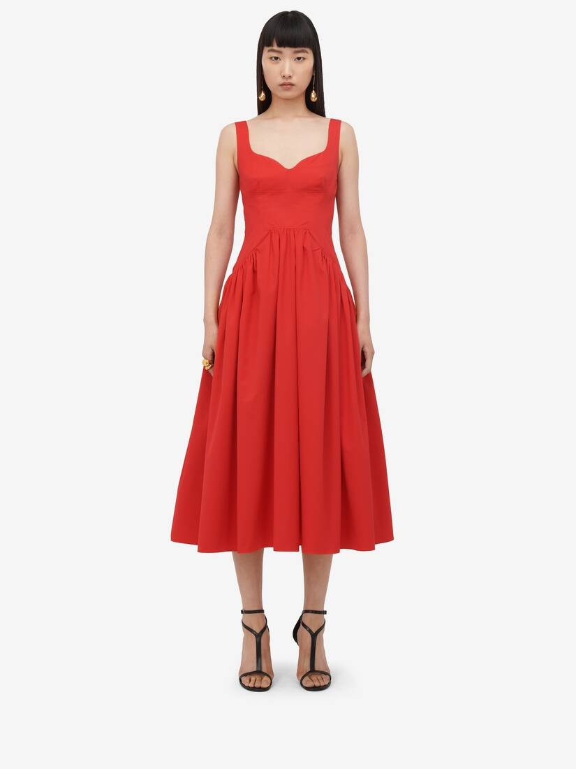 Women's Sweetheart Neckline Midi Dress in Lust Red - 1