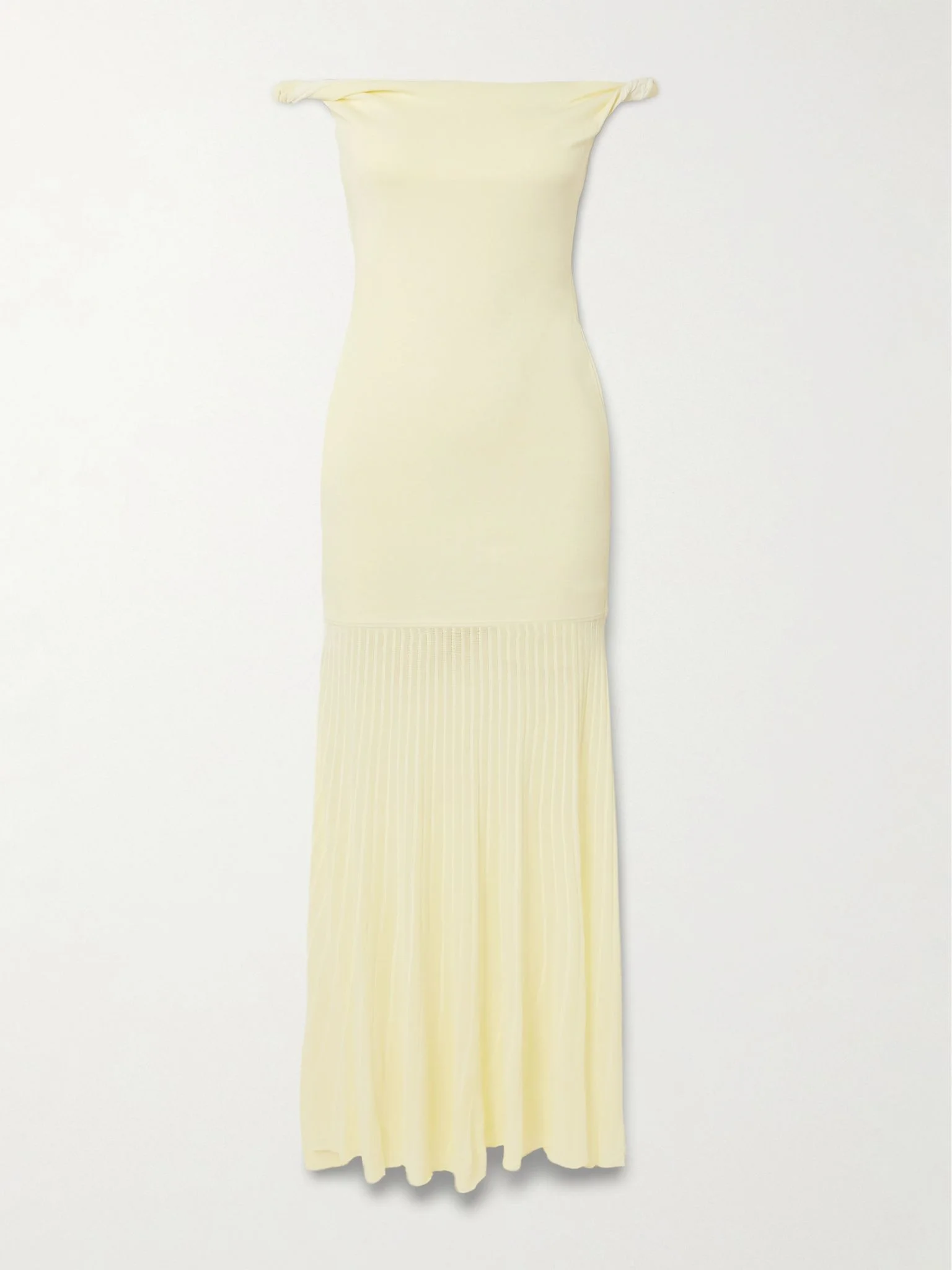 Elia off-the-shoulder twisted pleated knitted midi dress Pastel yellow - 1