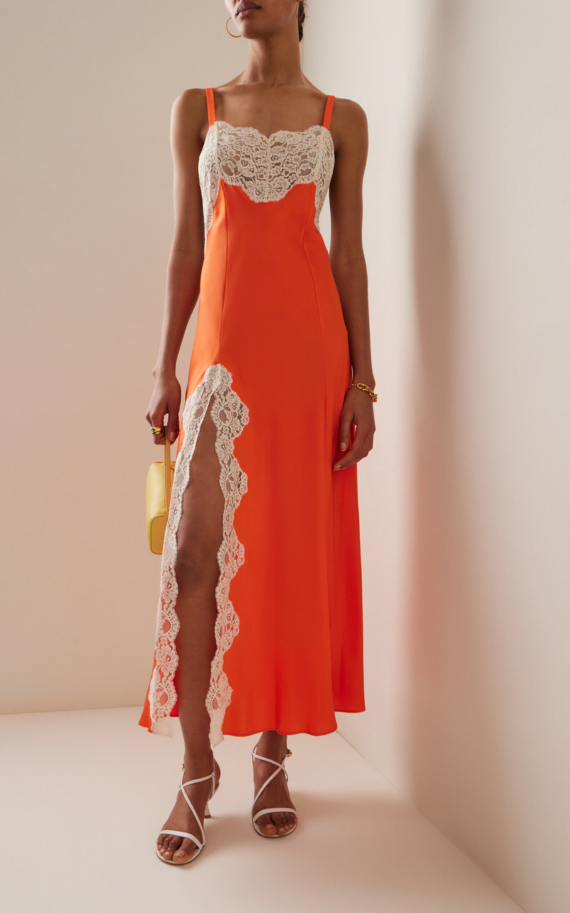 RODARTE Lace-Trimmed Silk Midi Slip Dress orange outlook