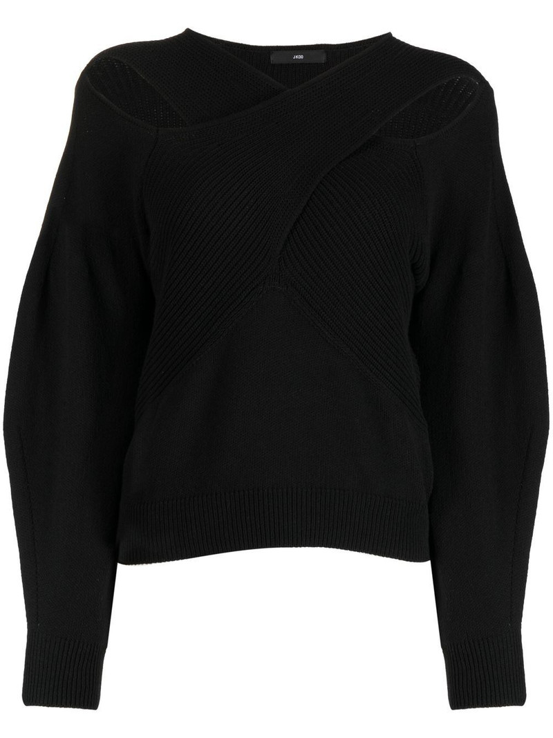crossover-neck ribbed-knit jumper 1