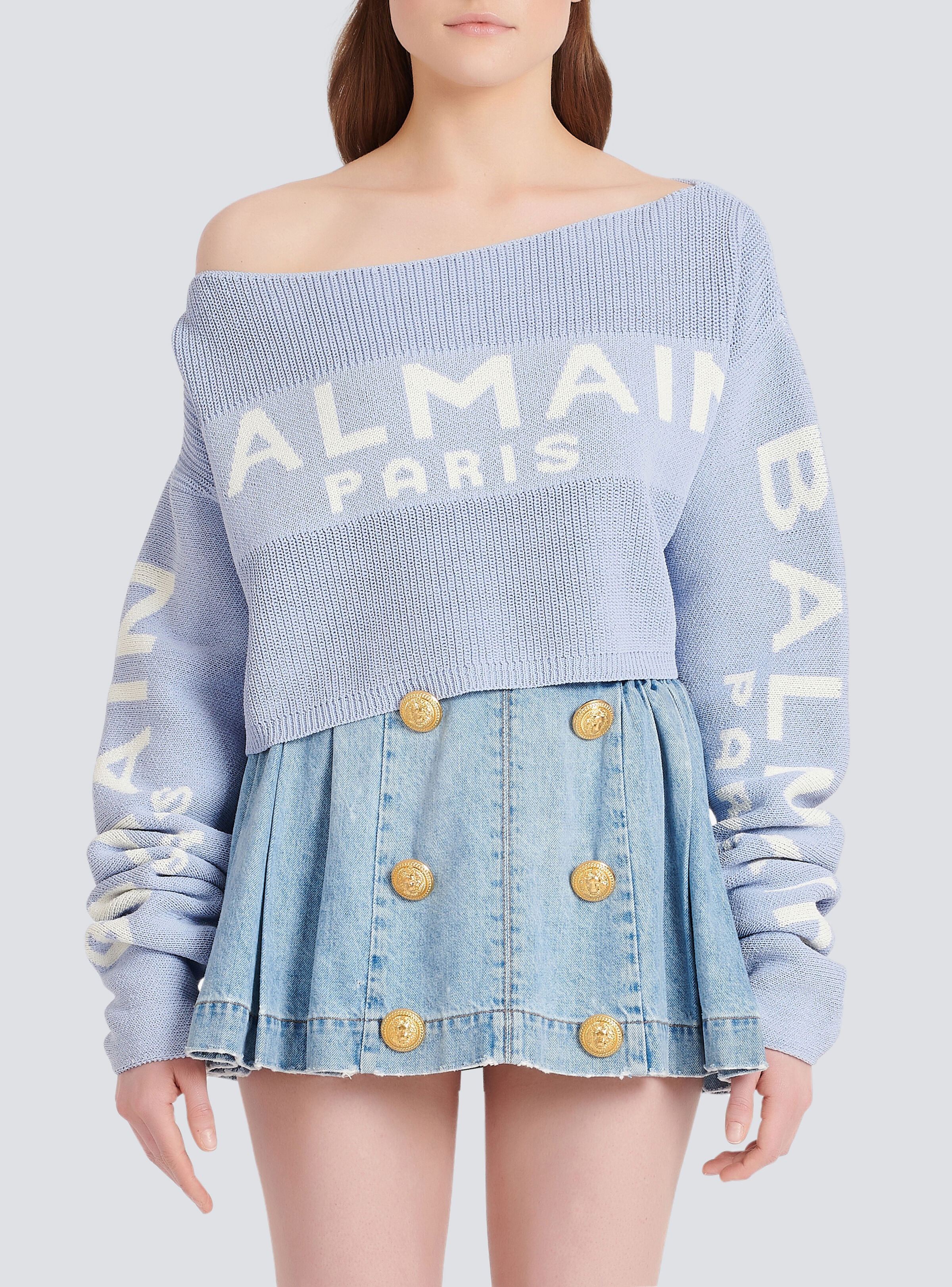 Cropped knit sweater with graffiti Balmain logo print - 6