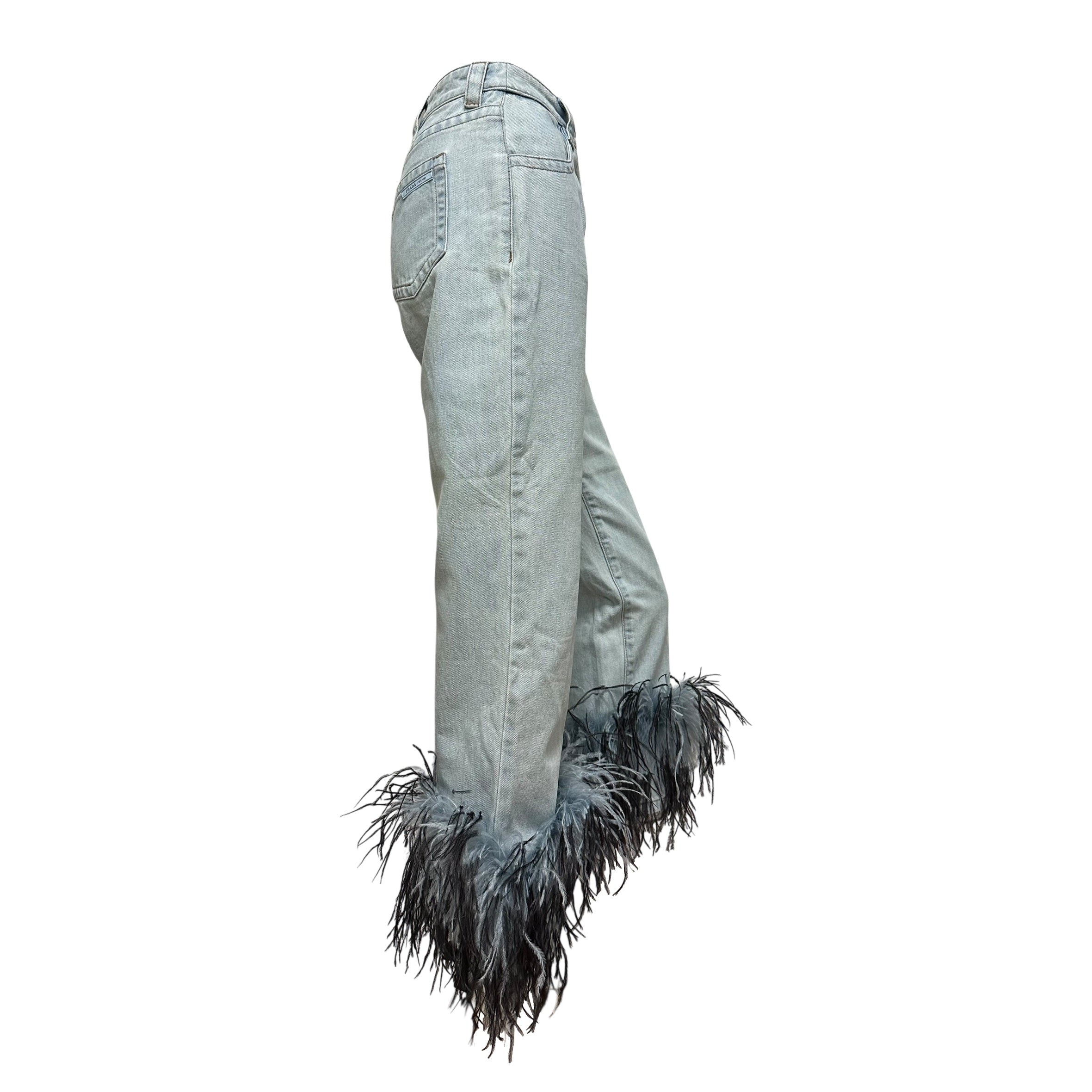 PRADA Spring Summer 2017 Ostrich Feather Trim Denim Pants - 3