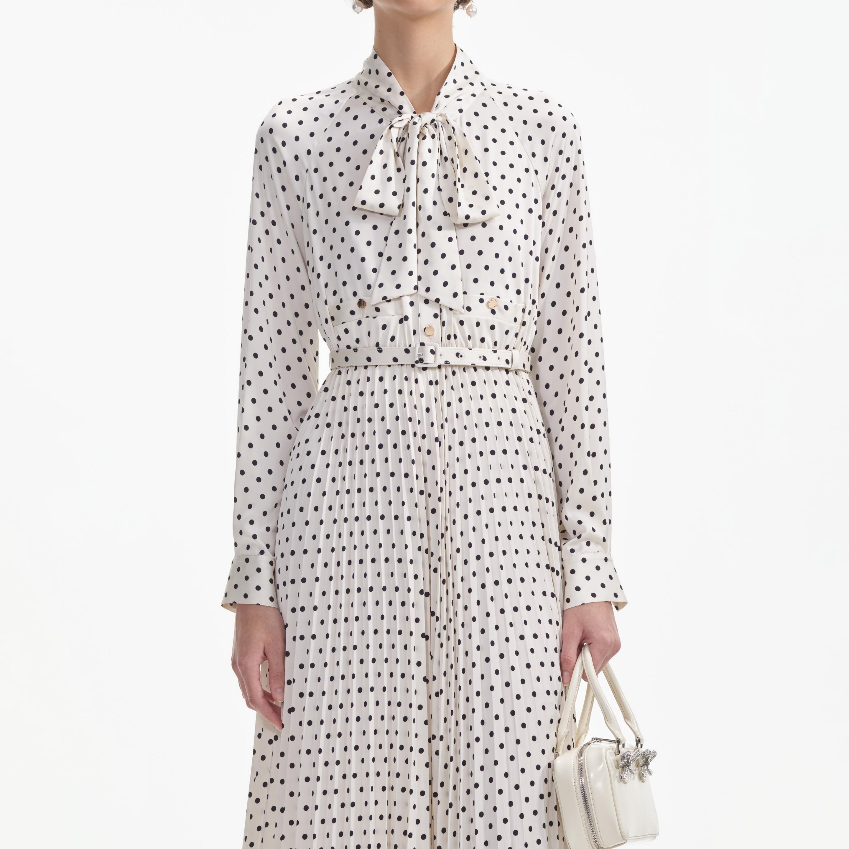 Cream Polka Dot Satin Midi Dress - 4