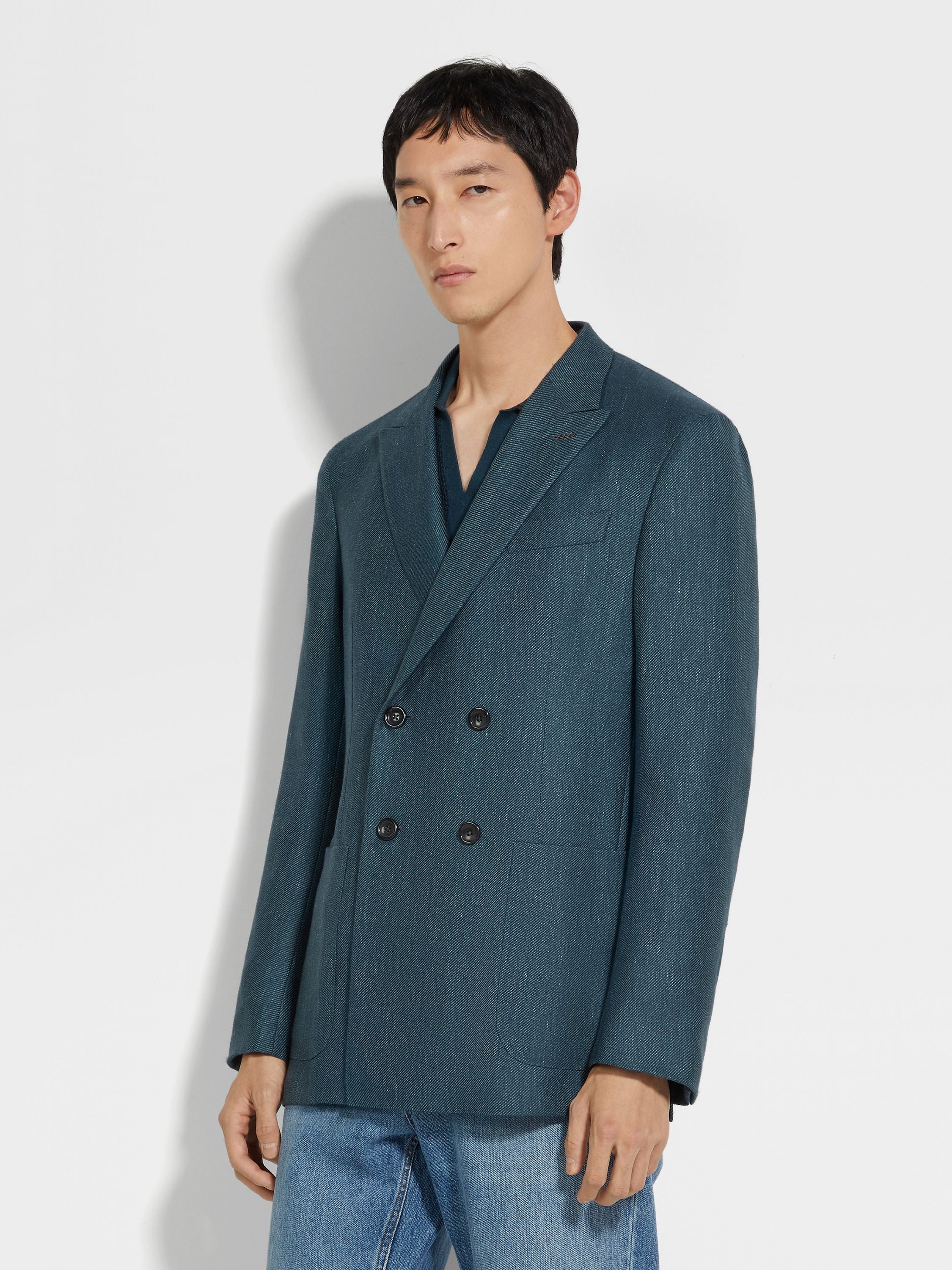 TEAL BLUE CASHMERE SILK AND LINEN JACKET - 4