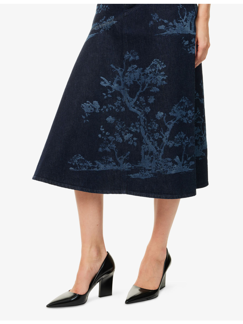 Tree-Print A-Line Denim Midi Skirt - 5
