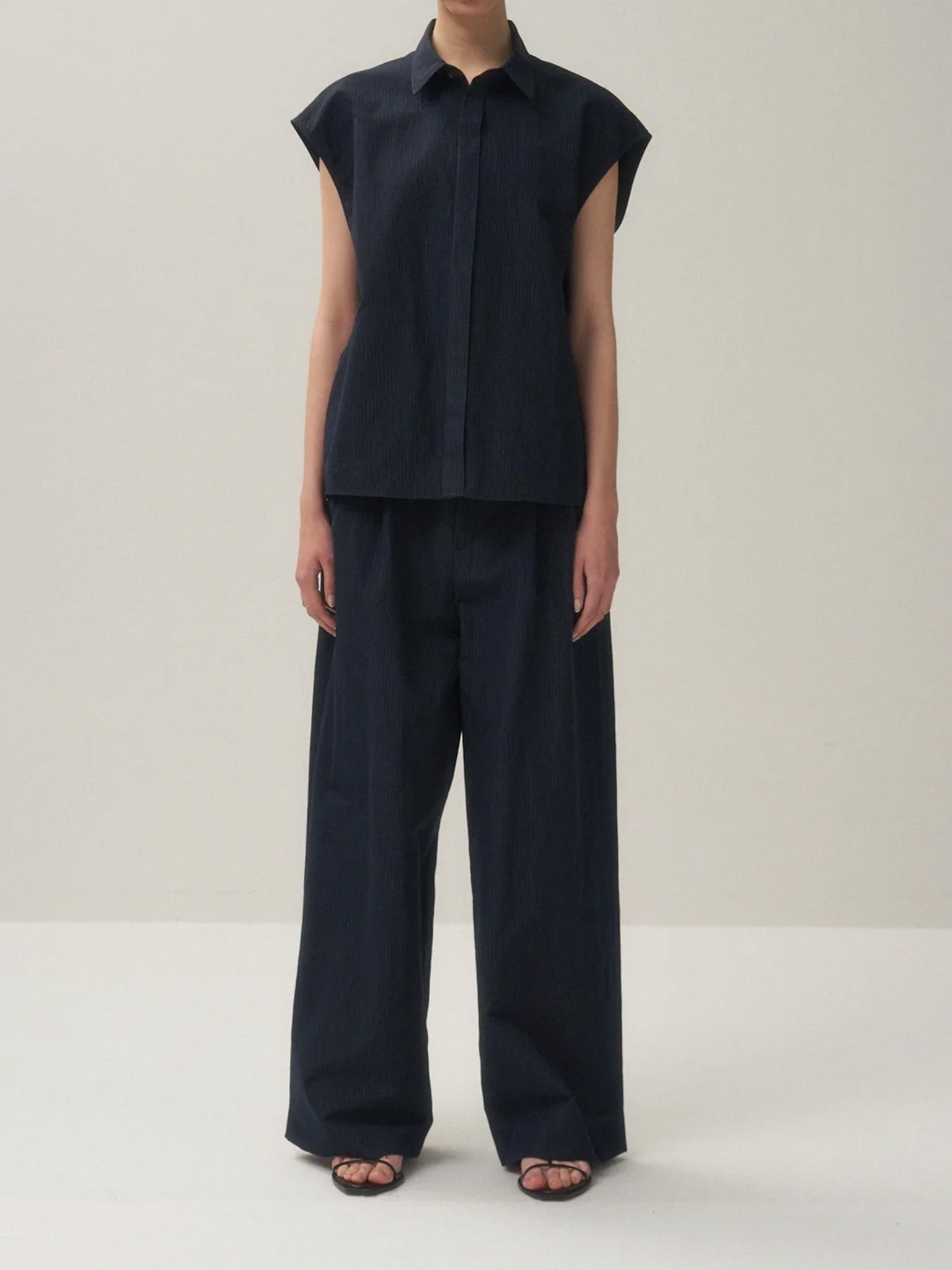 Silk Linen Shantung Two Tucked Pants - Navy x Pinstripe - 8
