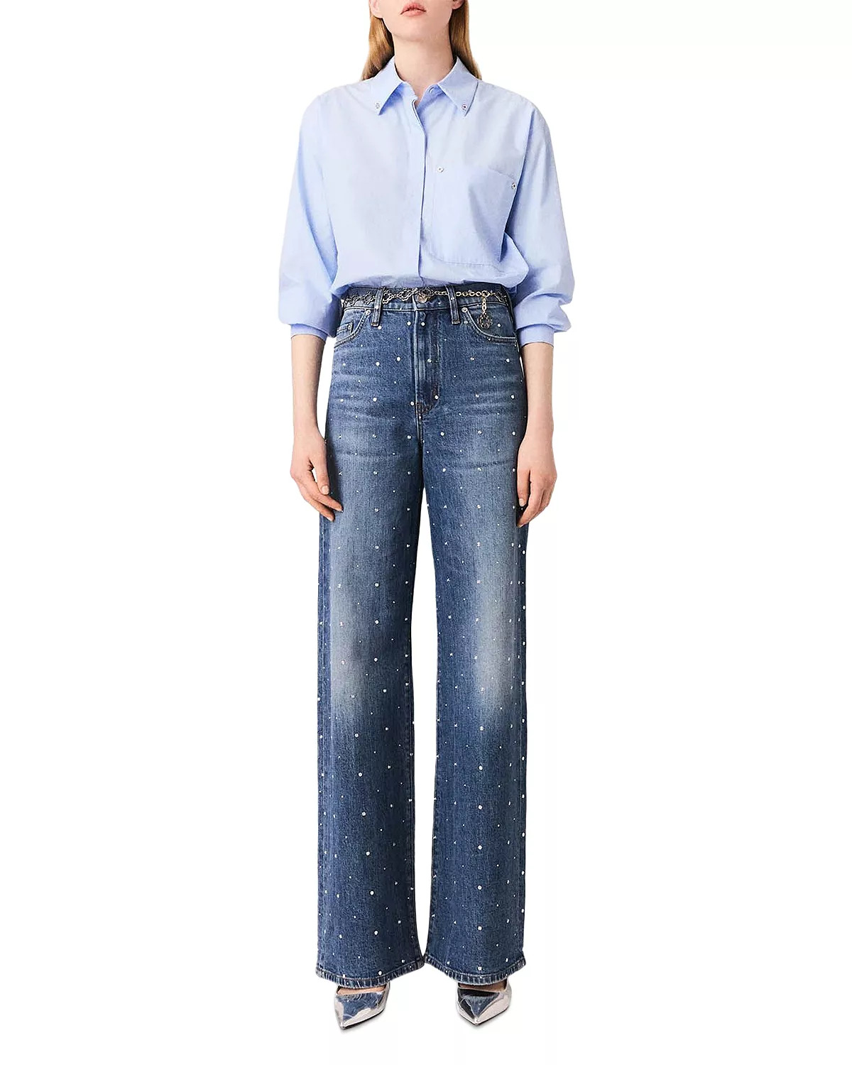 Studded High Rise Wide Leg Jeans in Blue - 2