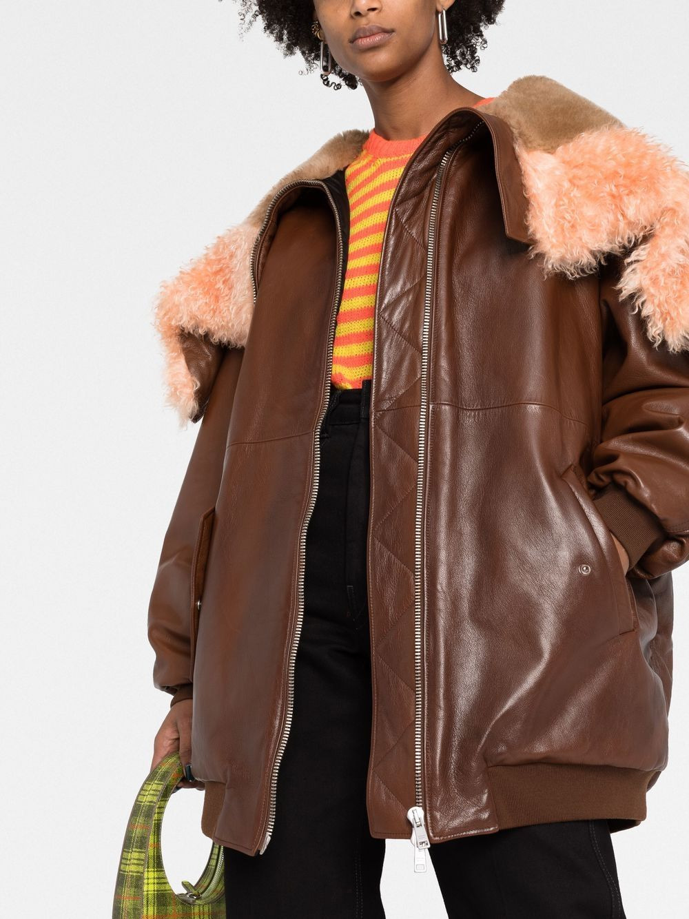 shearling-trim zip-up leather jacket - 5