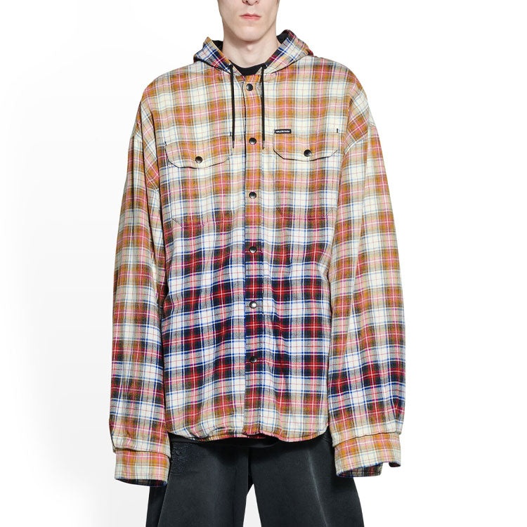 Balenciaga Bleached Plaid Long Sleeve Hooded Shirt 'Red White Black' 699223TMM059783 - 3