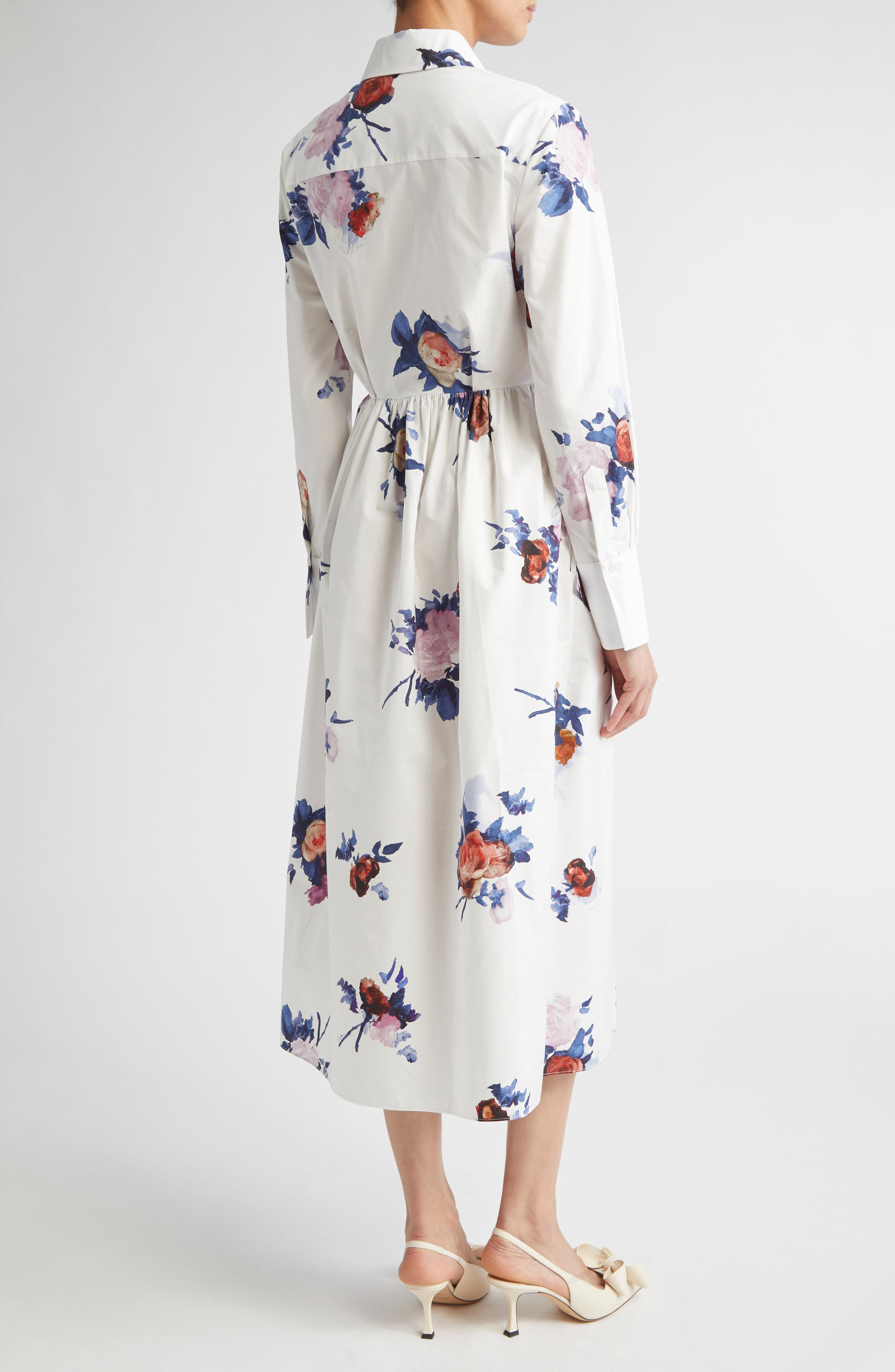 Erdem Long Sleeve Organic Cotton Poplin Shirtdress in Painted Rose Bouquet White at Nordstrom - 2