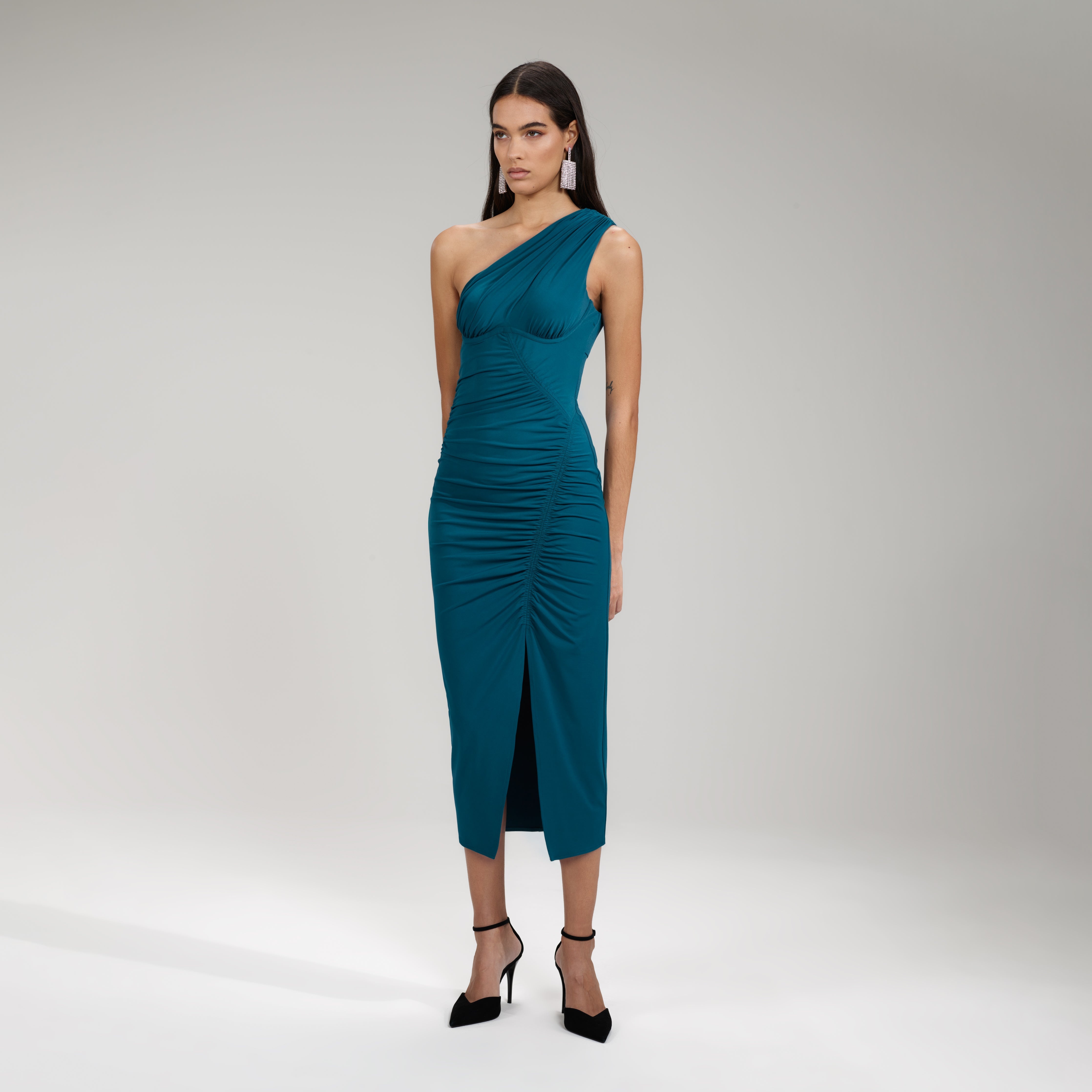 Green Jersey One Shoulder Ruched Midi Dress - 2