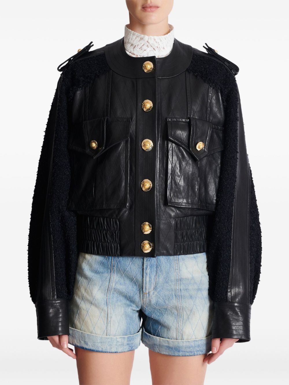 tweed-panel leather bomber jacket - 6