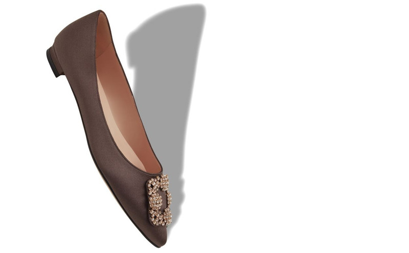 Manolo Blahnik Brown Satin Jewel Buckle Flat Pumps outlook