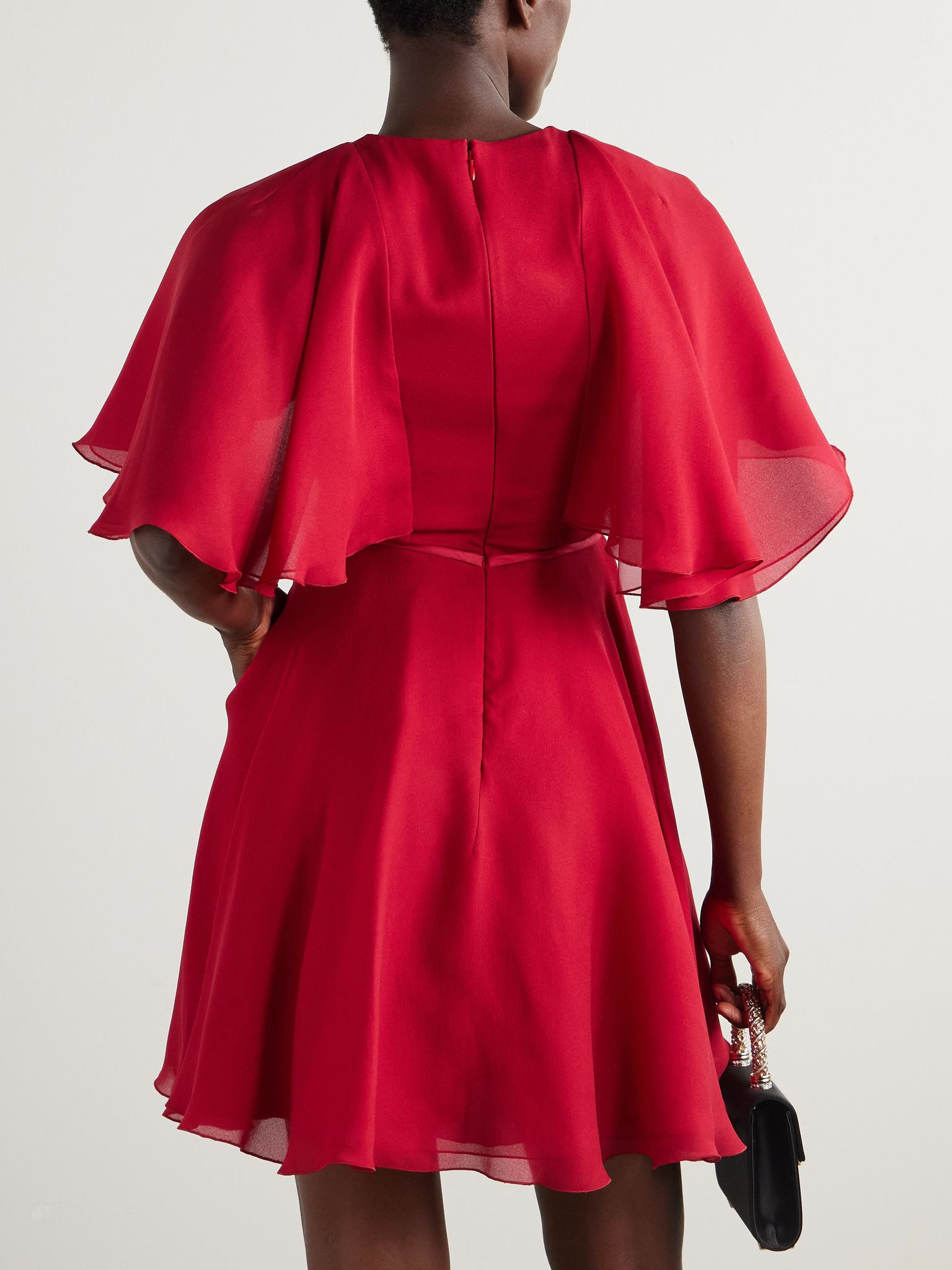 Cape-effect satin-trimmed silk-chiffon mini dress Red - 3