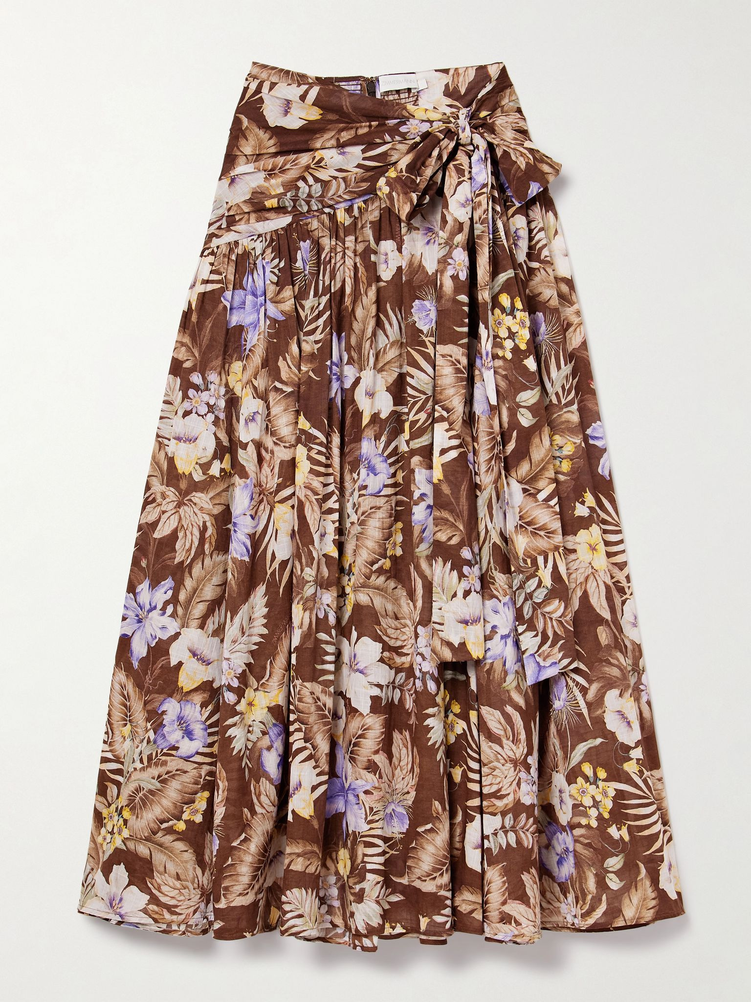 Coco belted pleated floral-print cotton-voile maxi skirt Brown - 1
