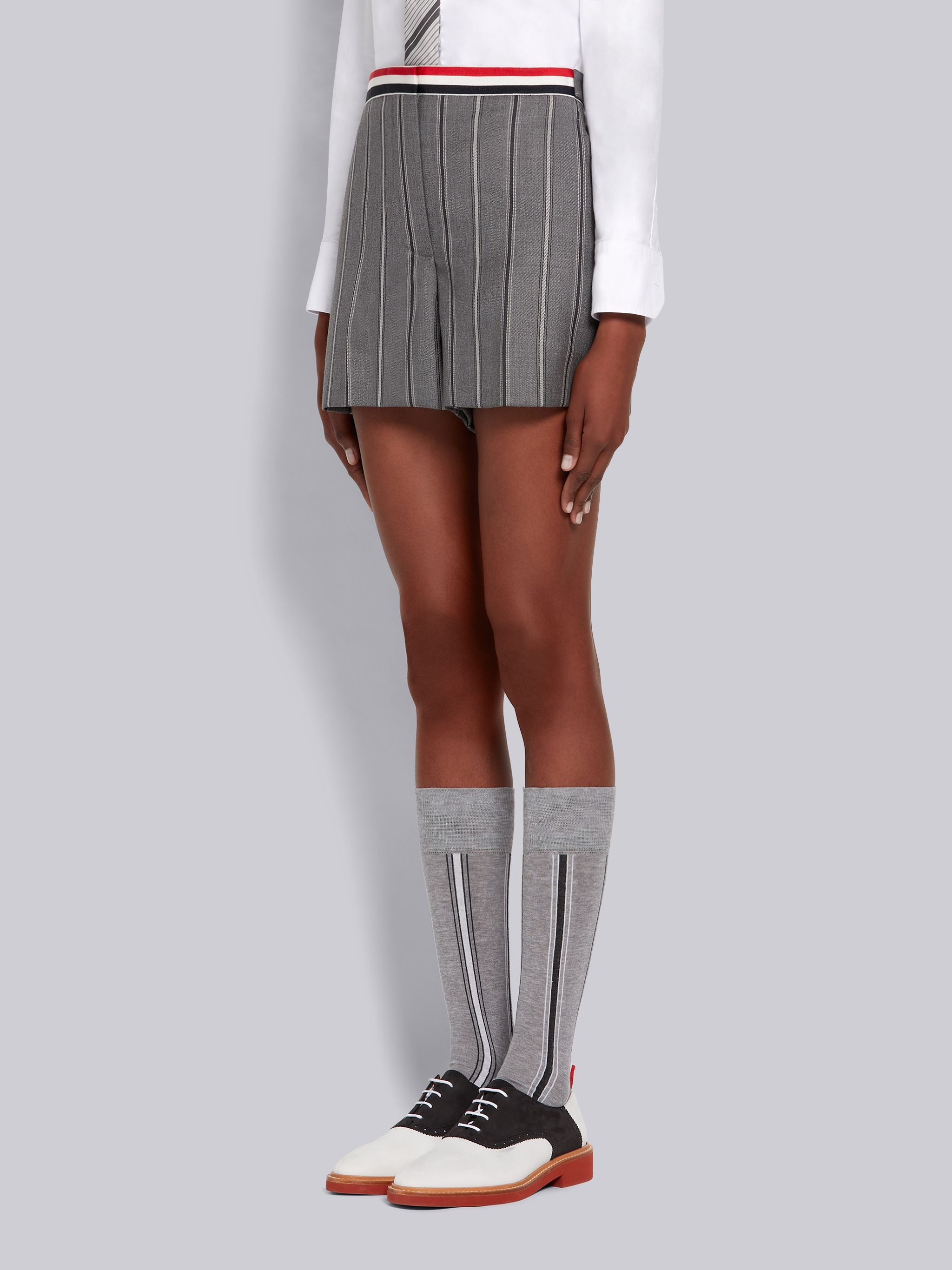 Medium Grey Alternating Stripe Wool Suiting Grosgrain Waistband Side Tab Mini Short - 2