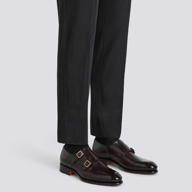 Santoni Men's polished brown leather double-buckle shoe outlook
