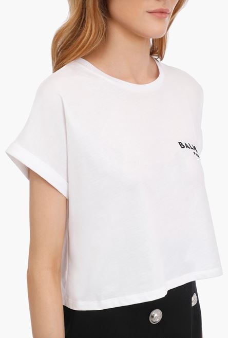 Cropped white cotton T-shirt with flocked black Balmain logo - 8