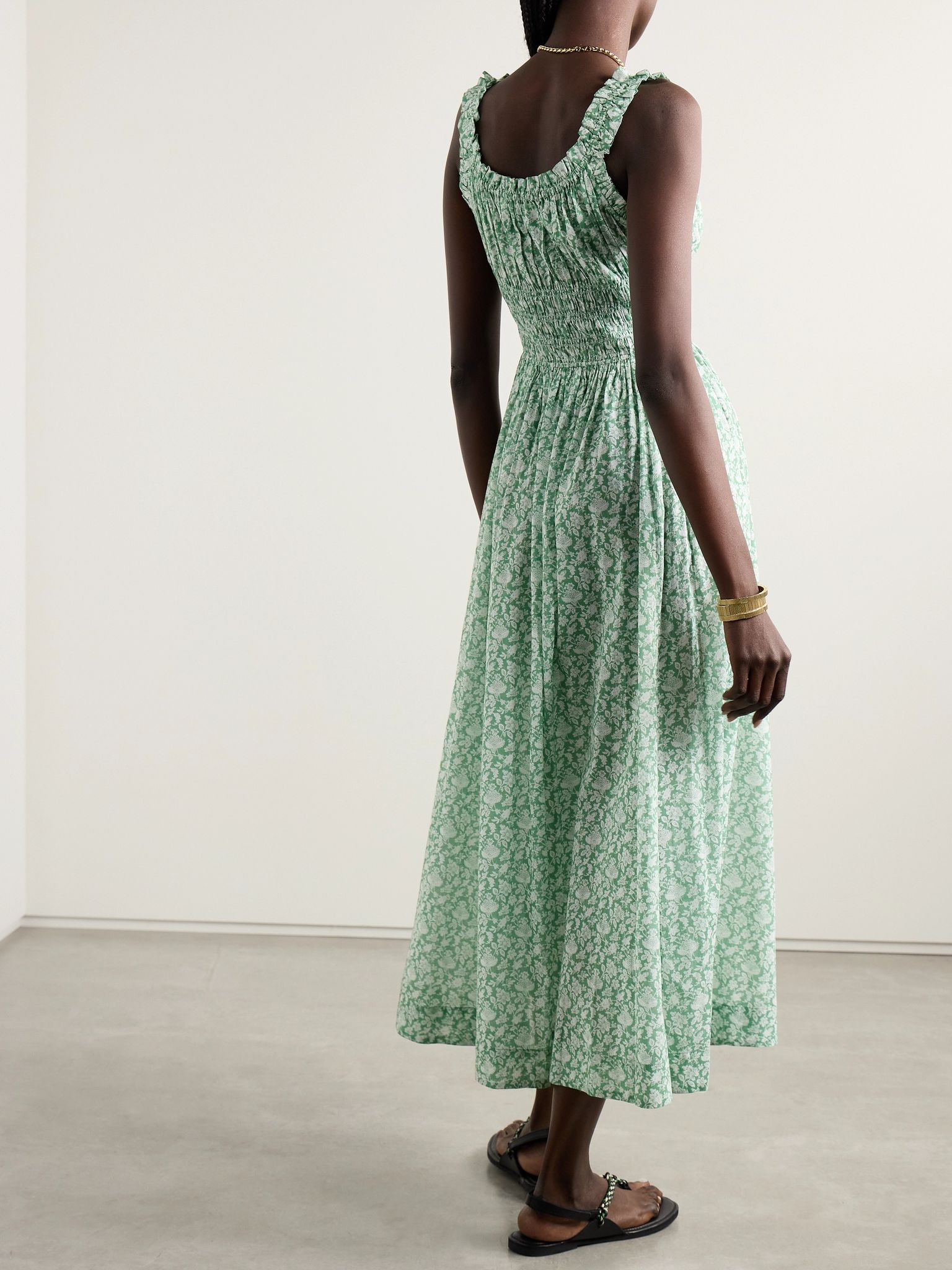 Emmaretta tie-detailed shirred floral-print organic cotton-voile midi dress Green - 3